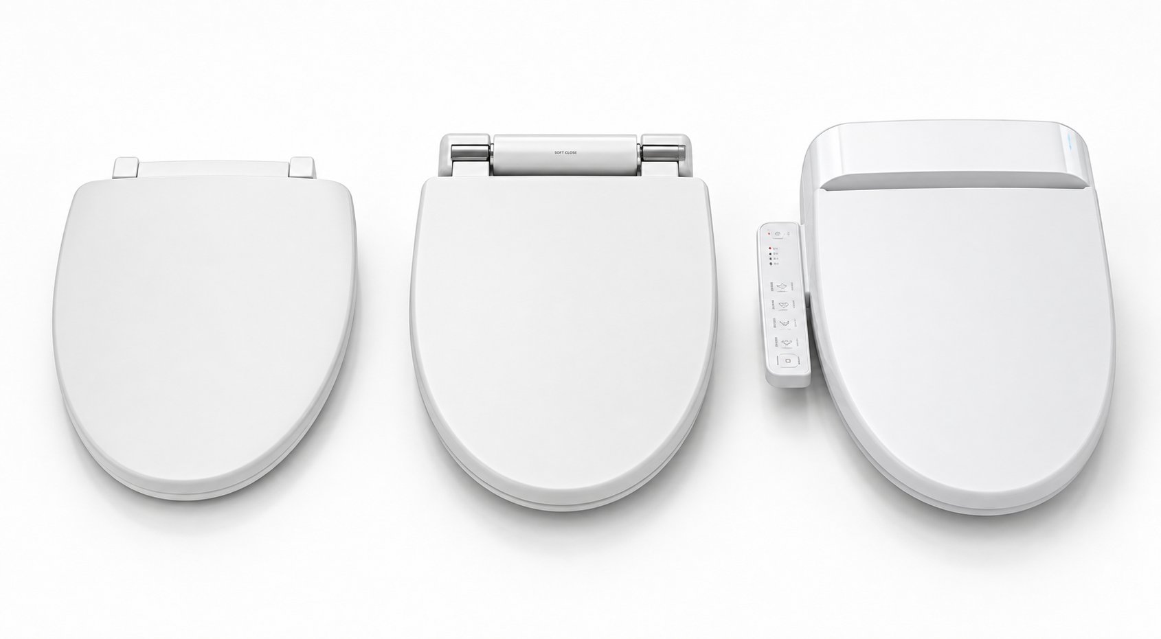 three toilet seat types side by side %E2%80%94 standard soft close and bidet %E2%80%94 showing increasing component complexity