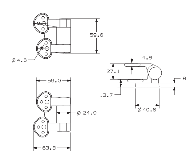 TY-P023 Chrome-Plated Zinc Alloy Soft-Close Hinges for MDF, Molded Wood, Solid Wood, Bamboo and Resin Toilet Seats with Bottom-Mount Fittings dimensions
