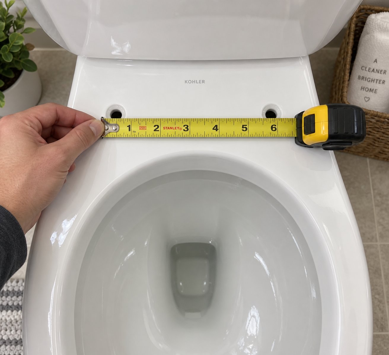 measuring bolt hole spacing on a toilet bowl for replacement hardware