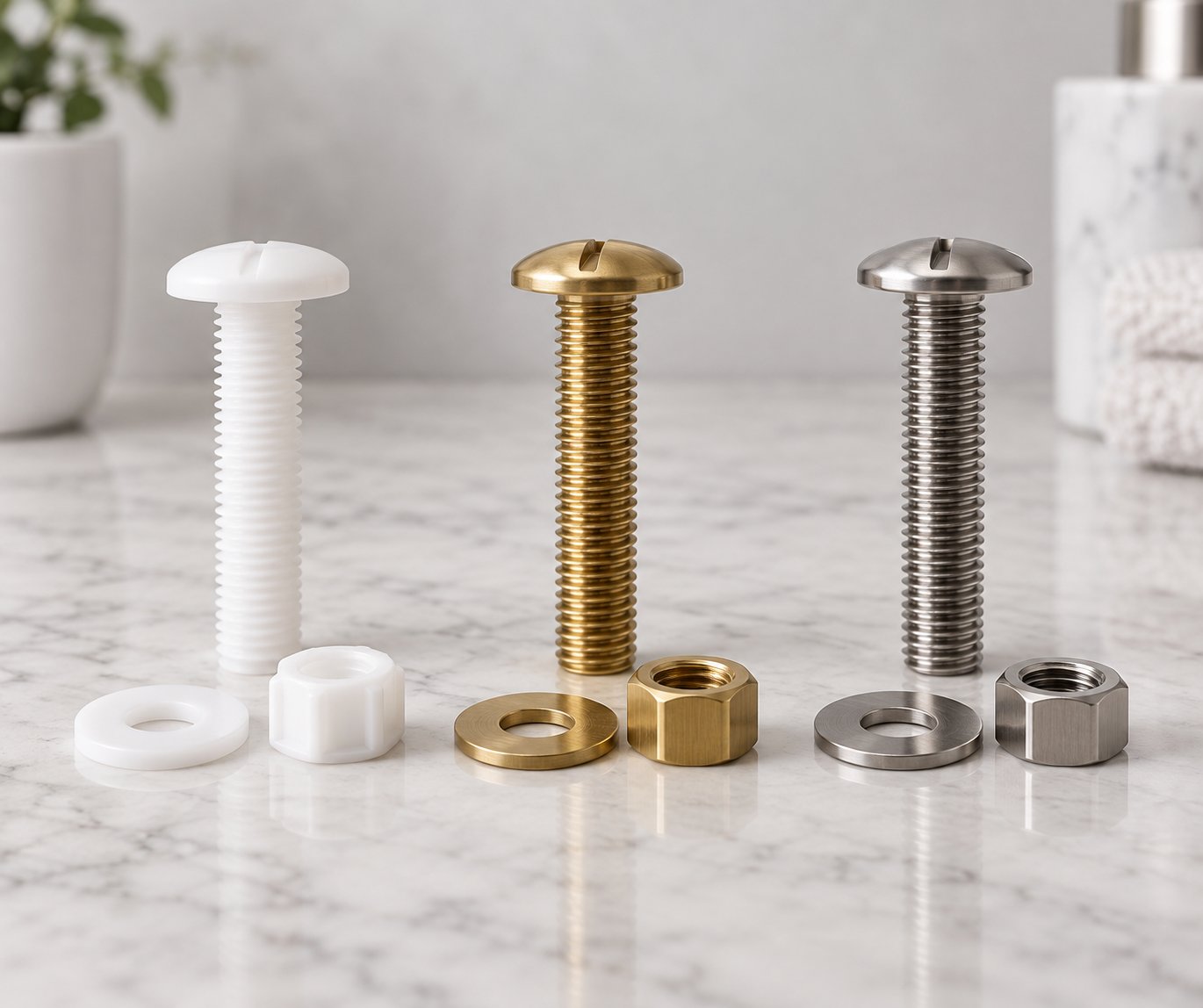 plastic brass and stainless steel toilet seat bolts showing material differences