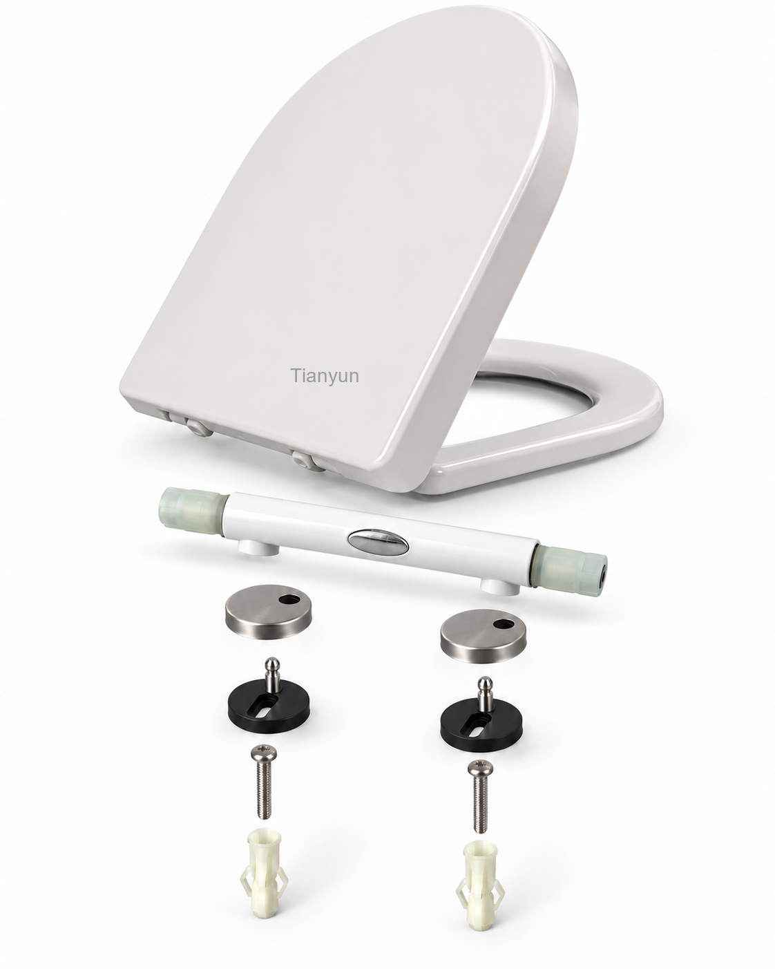 exploded view of a toilet seat showing all parts layered from lid to bumpers
