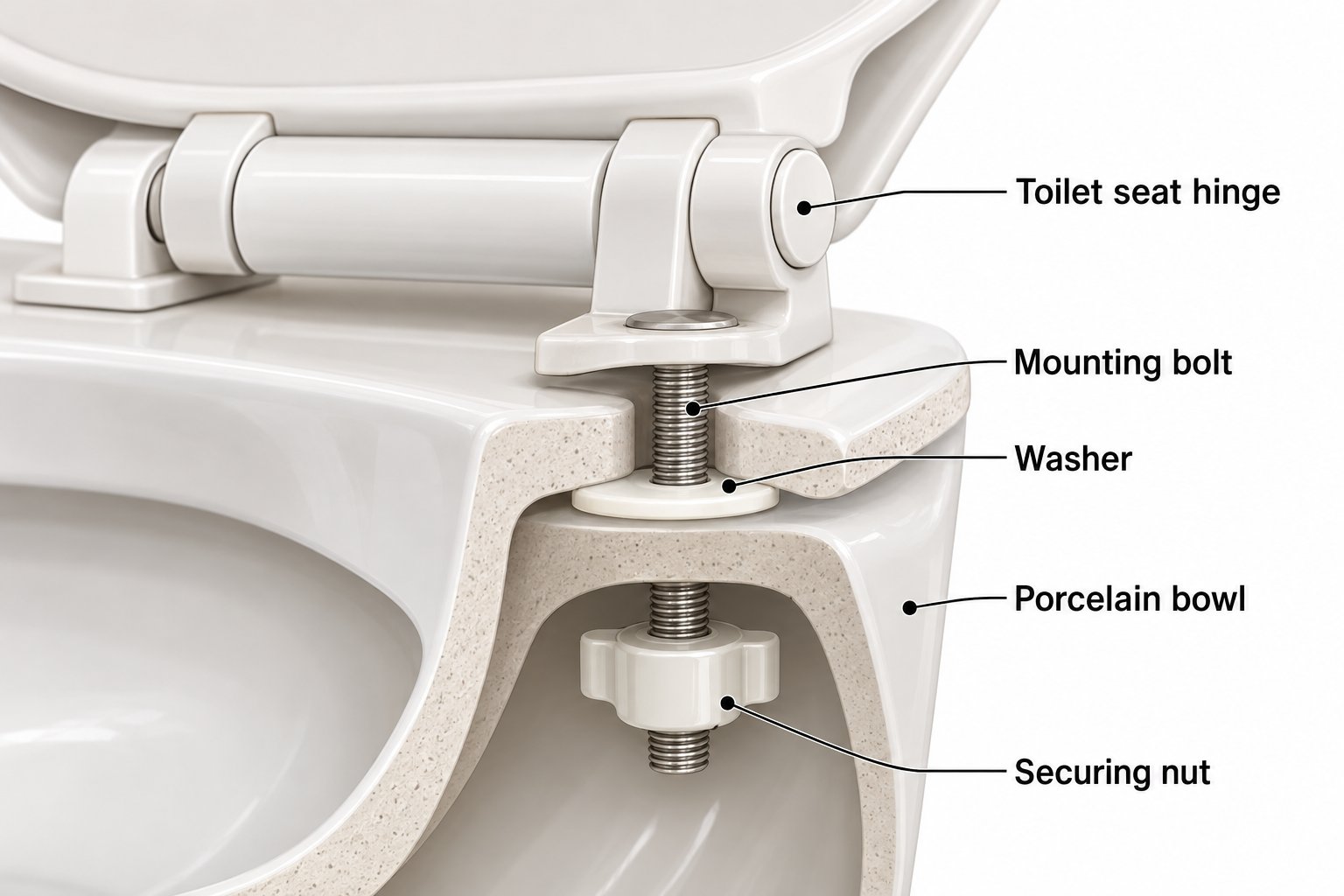 toilet seat anatomy showing how hinges bolts washers and nuts connect the seat to the bowl