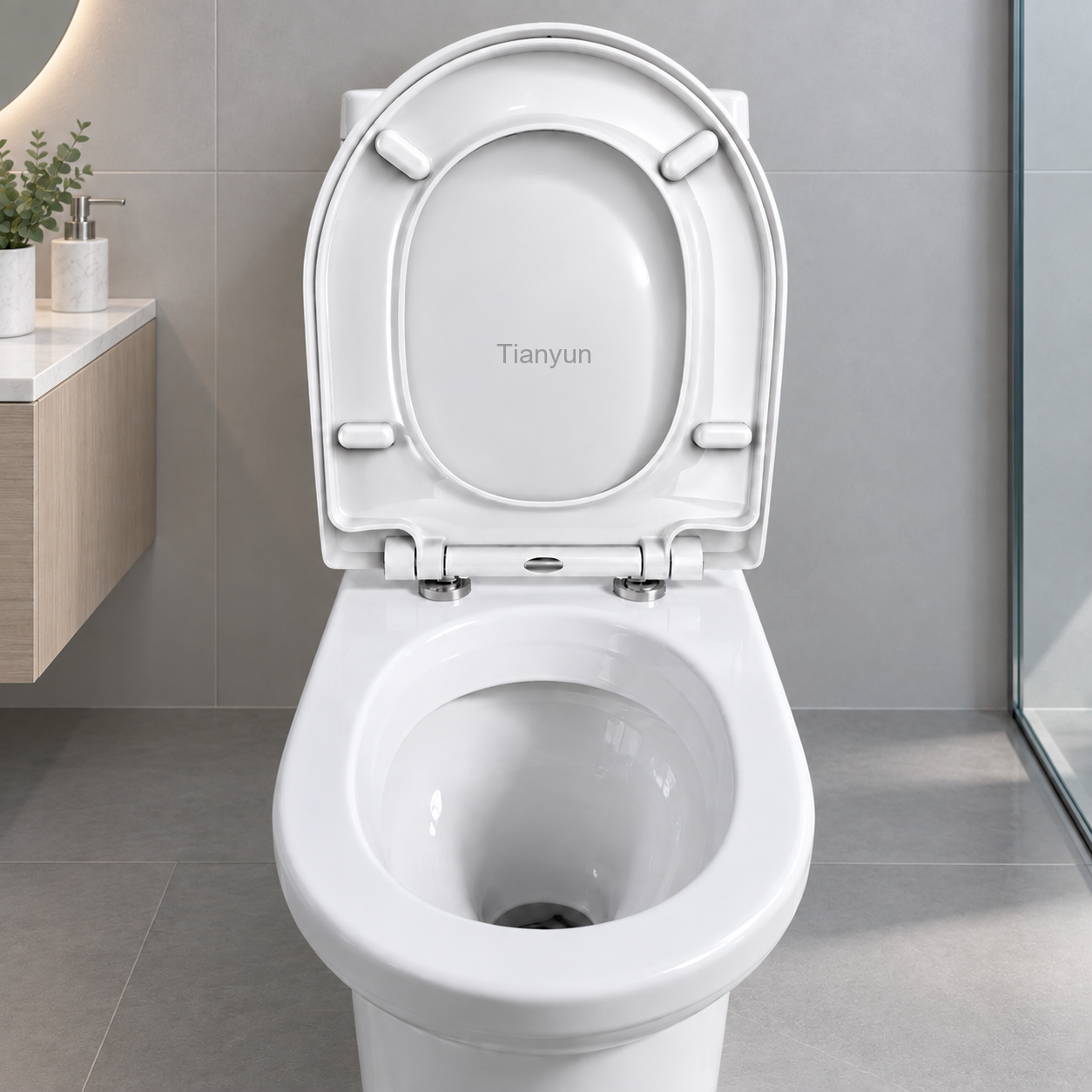 a complete toilet seat assembly showing the lid seat ring and hinge mechanism on a modern porcelain bowl