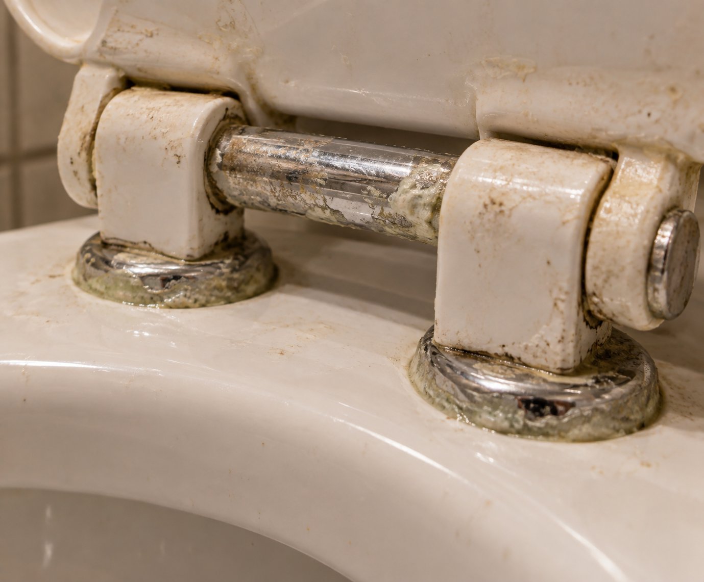 mineral buildup and wear on a toilet seat hinge pivot point common signs of environmental degradation over time