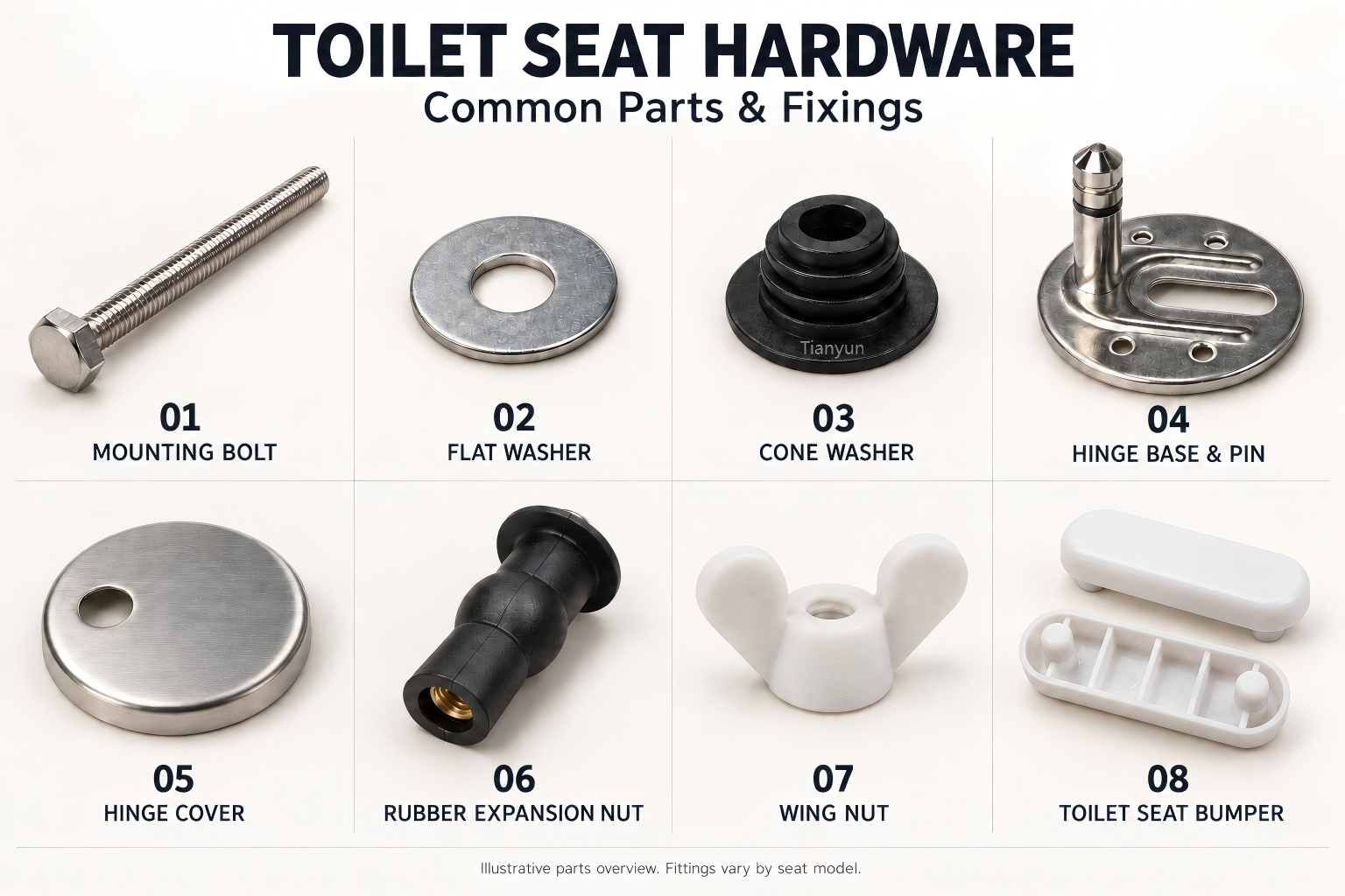 individual toilet seat hardware parts laid out for easy identification