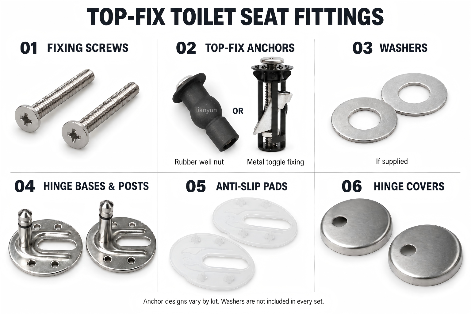 components of a top fix toilet seat fitting kit laid out for identification
