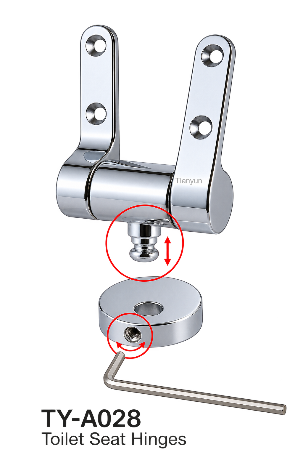 TY-A028 Zinc Alloy Toilet Seat Soft Close Hinges L-Key Quick Release Chrome Round Base product view