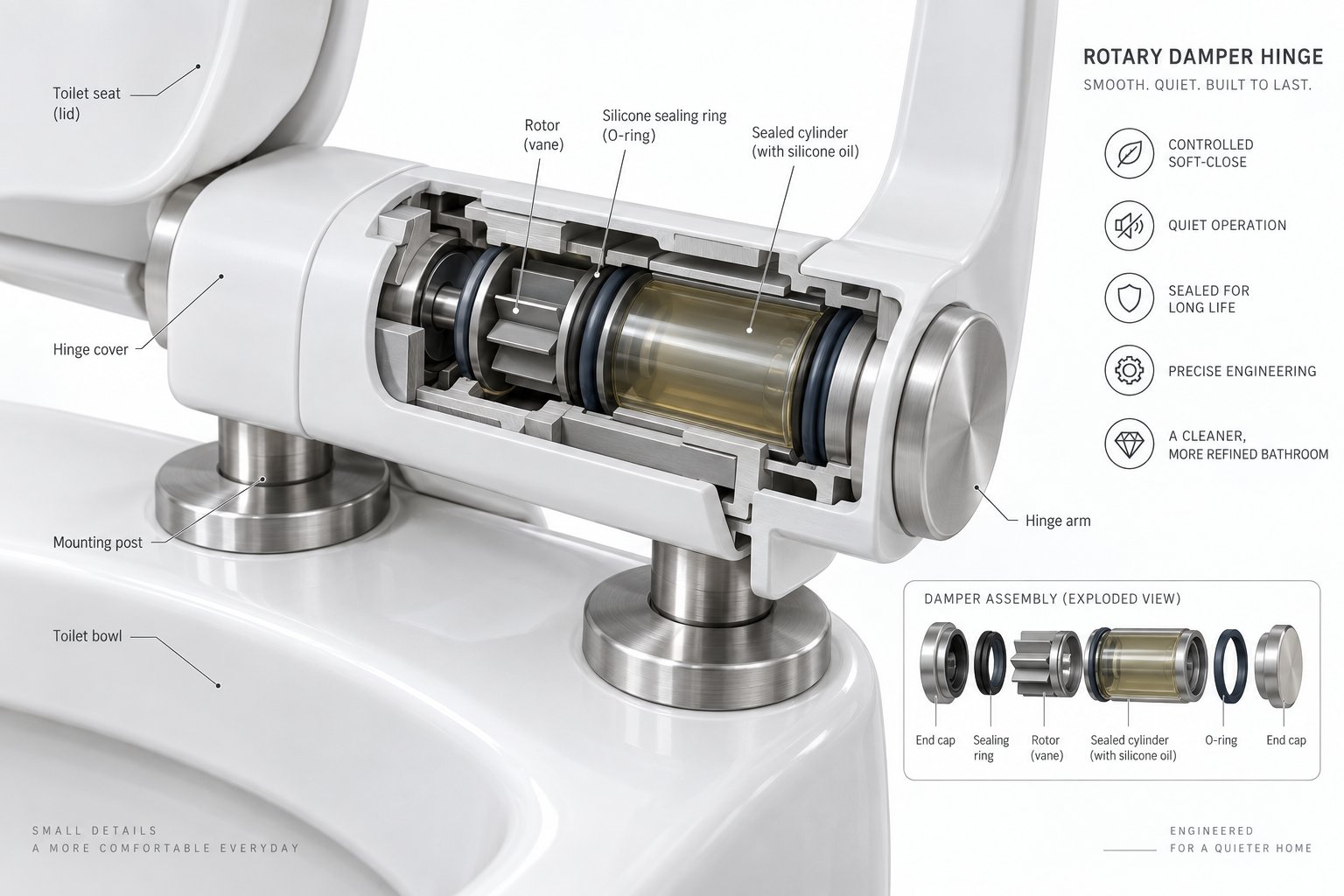 cutaway view of a soft close toilet seat hinge showing the internal damper mechanism