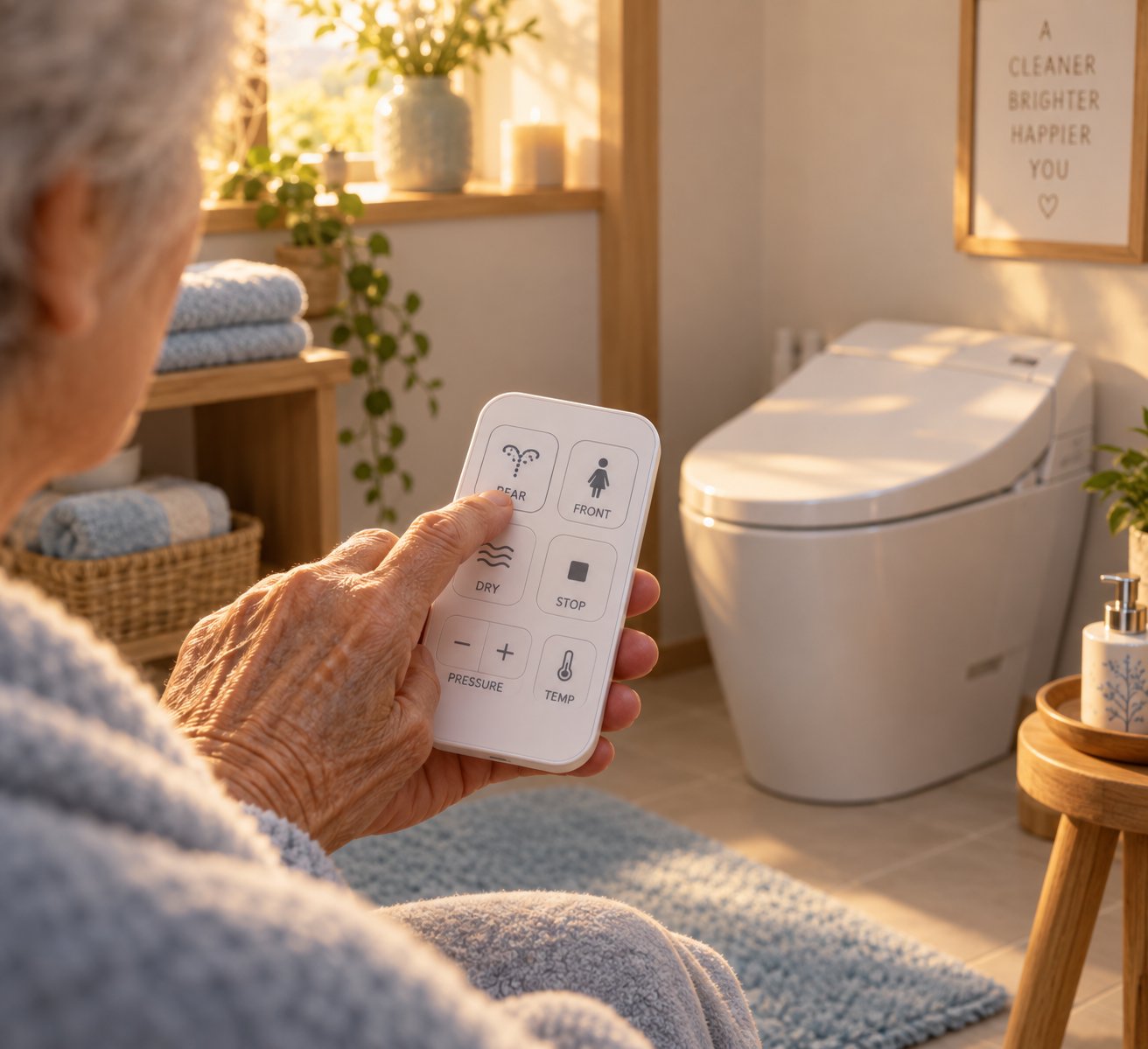 a warm water bidet seat offering easy accessible hygiene with a simple remote control