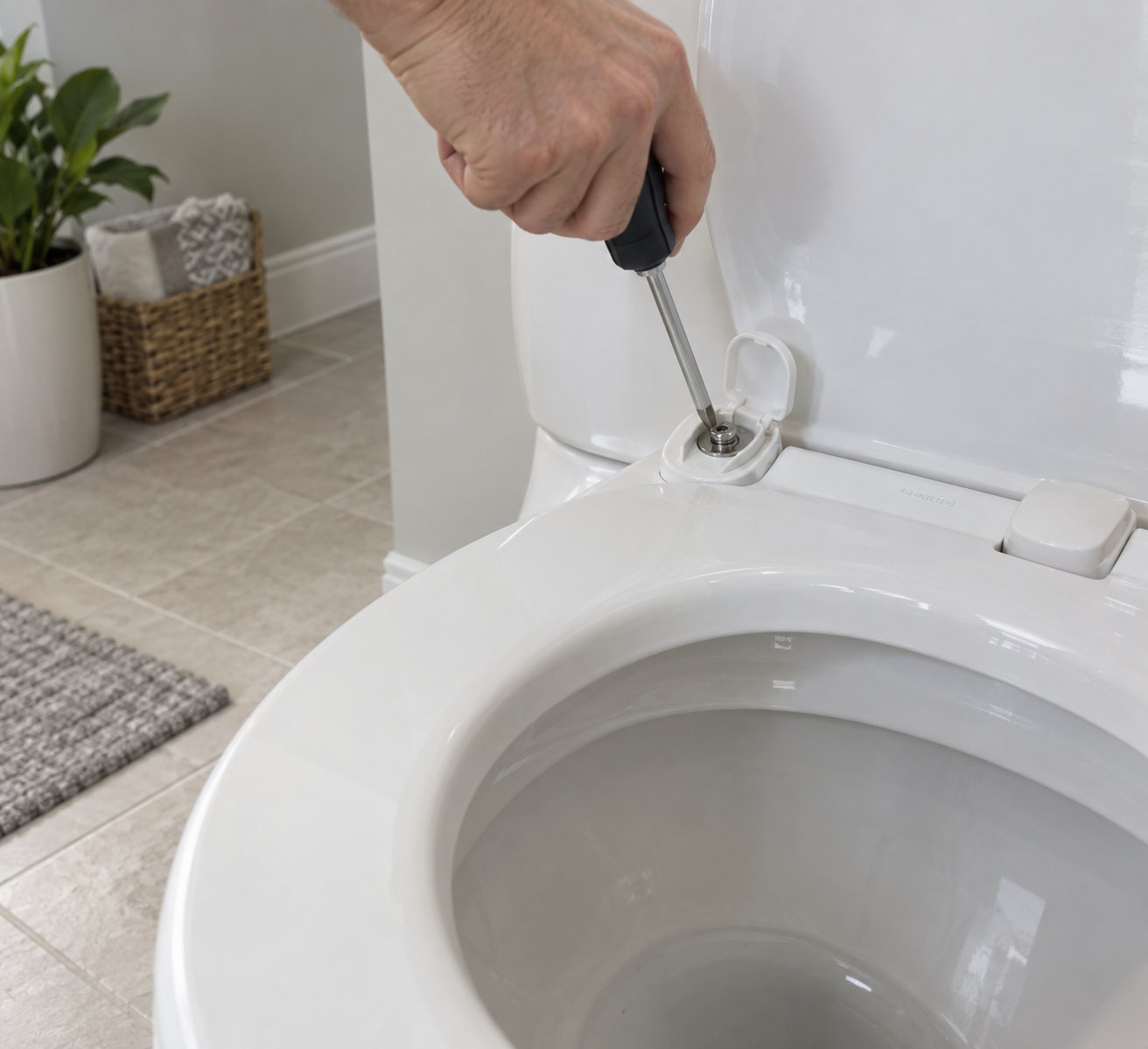 tightening the mounting bolt hardware to fix a loose round toilet seat