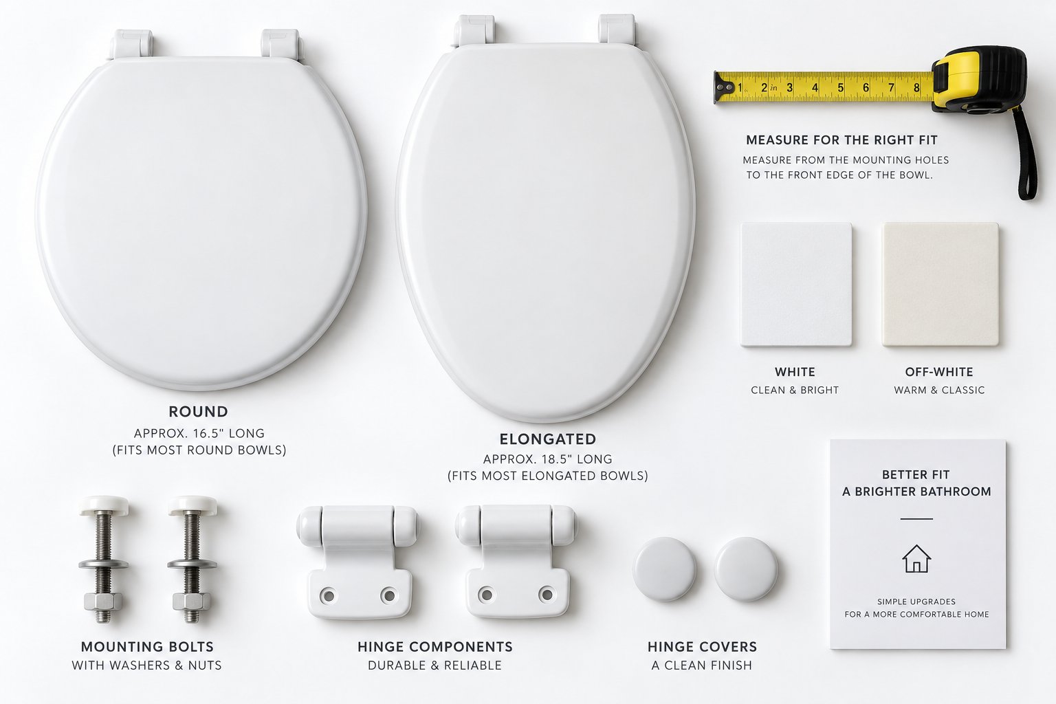 round and elongated toilet seat shapes with measuring tools and mounting hardware for comparison