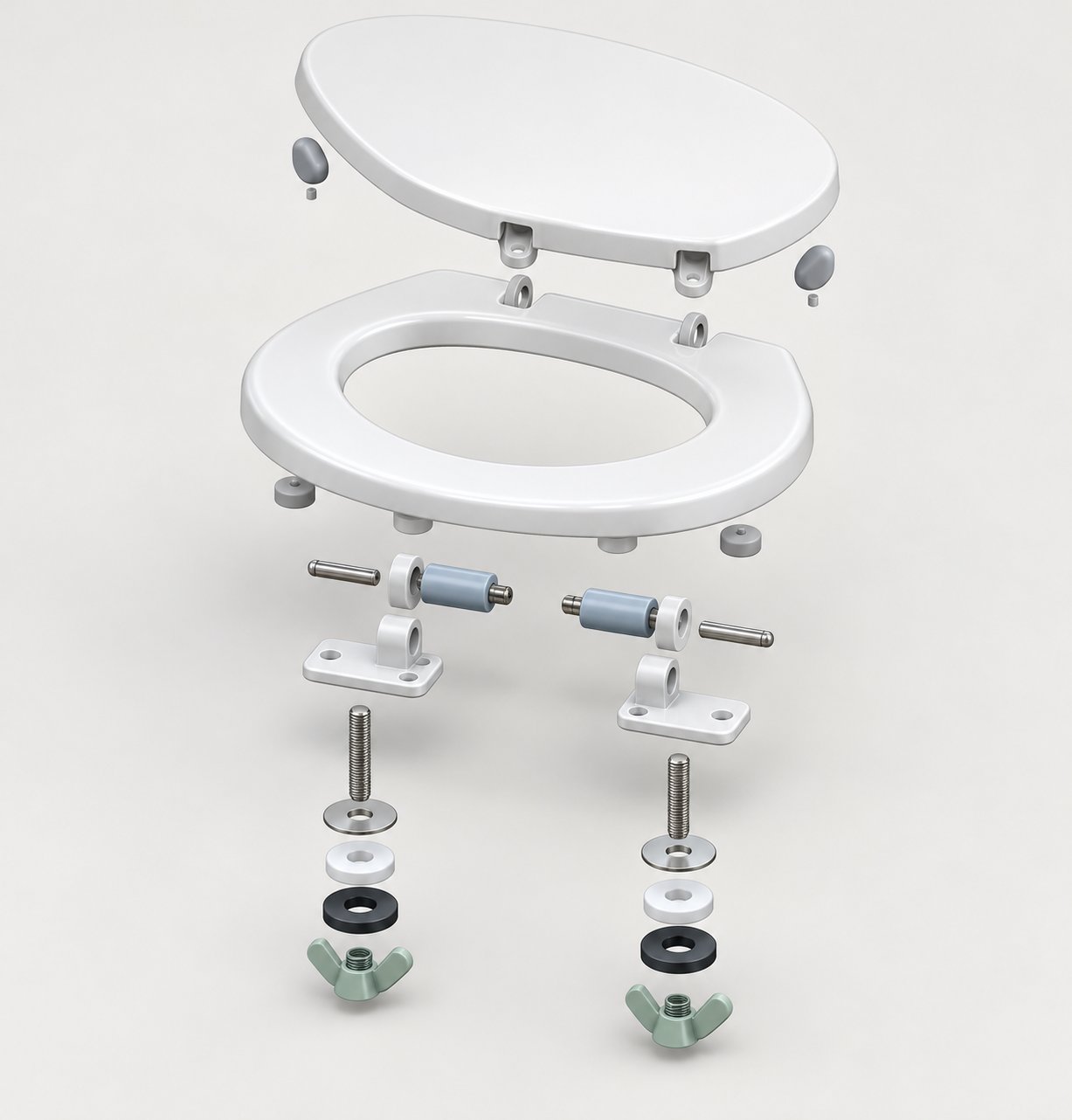 exploded view of a toilet seat assembly showing each replaceable component