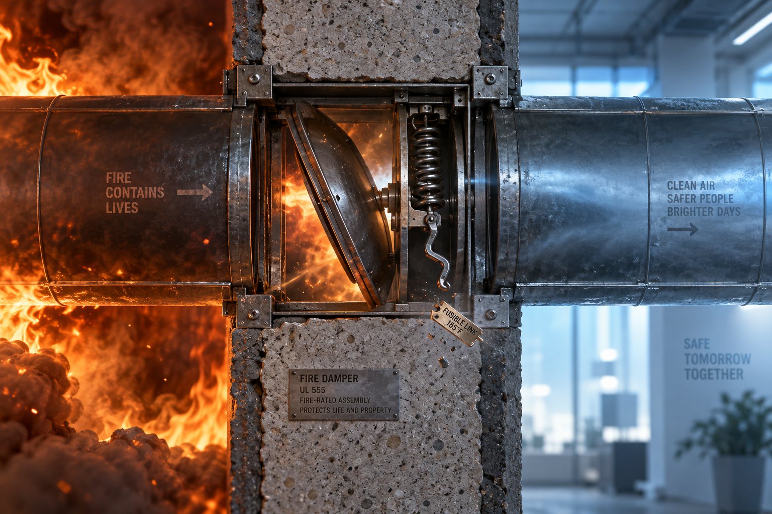 fire damper snapping shut inside a duct penetration after its fusible link melts from heat exposure