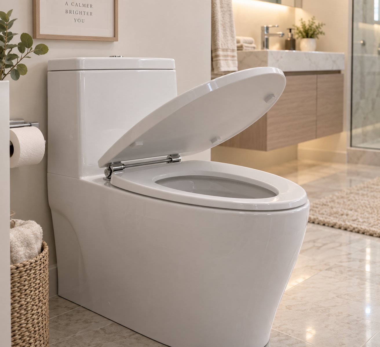 an elongated slow close toilet seat mid descent showcasing the controlled silent closing motion powered by built in damper hinges