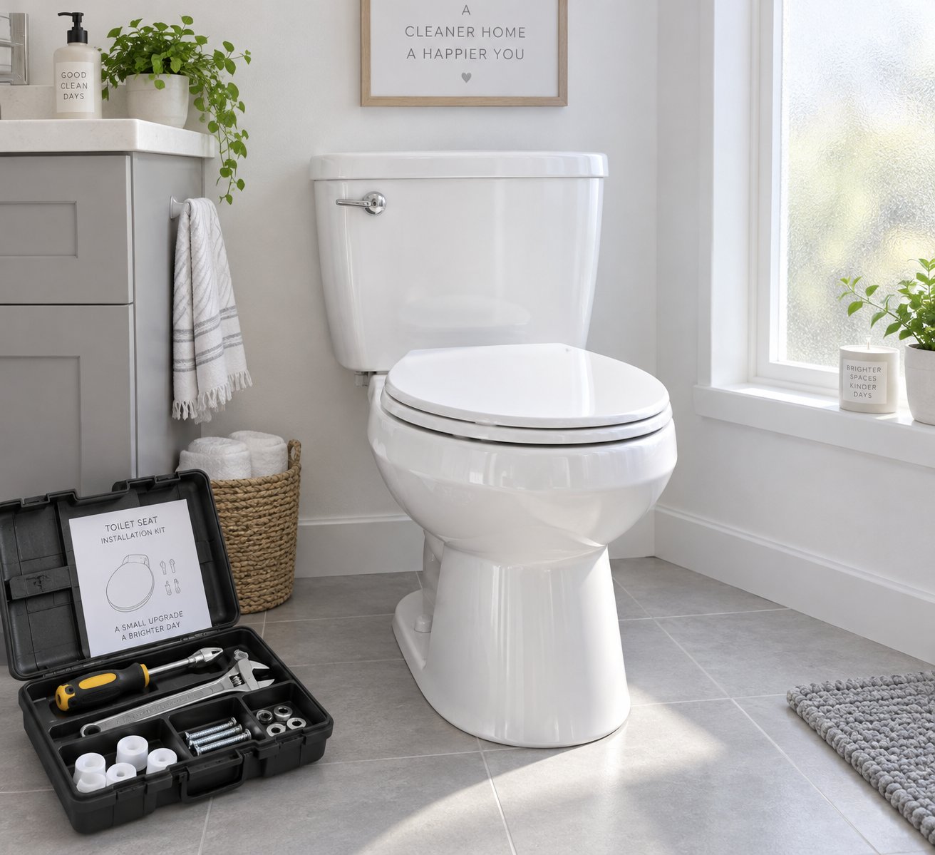 a freshly installed toilet seat with basic tools and a mounting hardware kit nearby