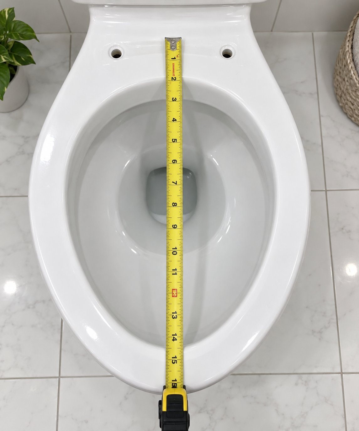 measuring from the bolt holes to the front rim of a round toilet bowl to confirm seat size