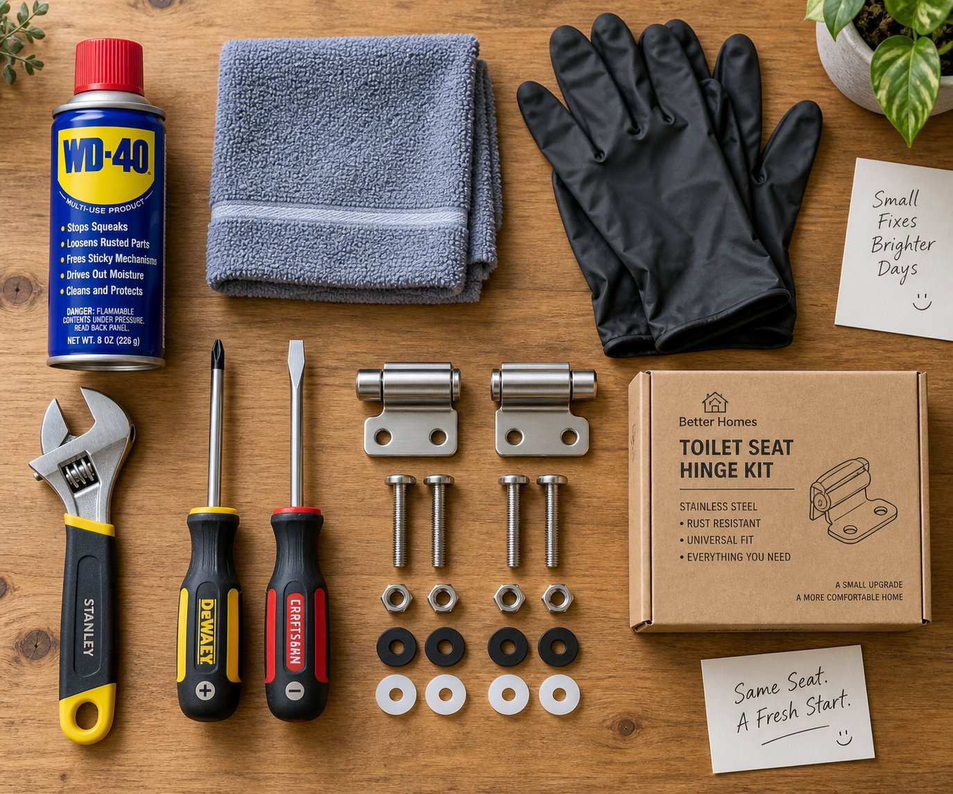 essential tools and hardware laid out for a metal toilet seat hinge replacement project