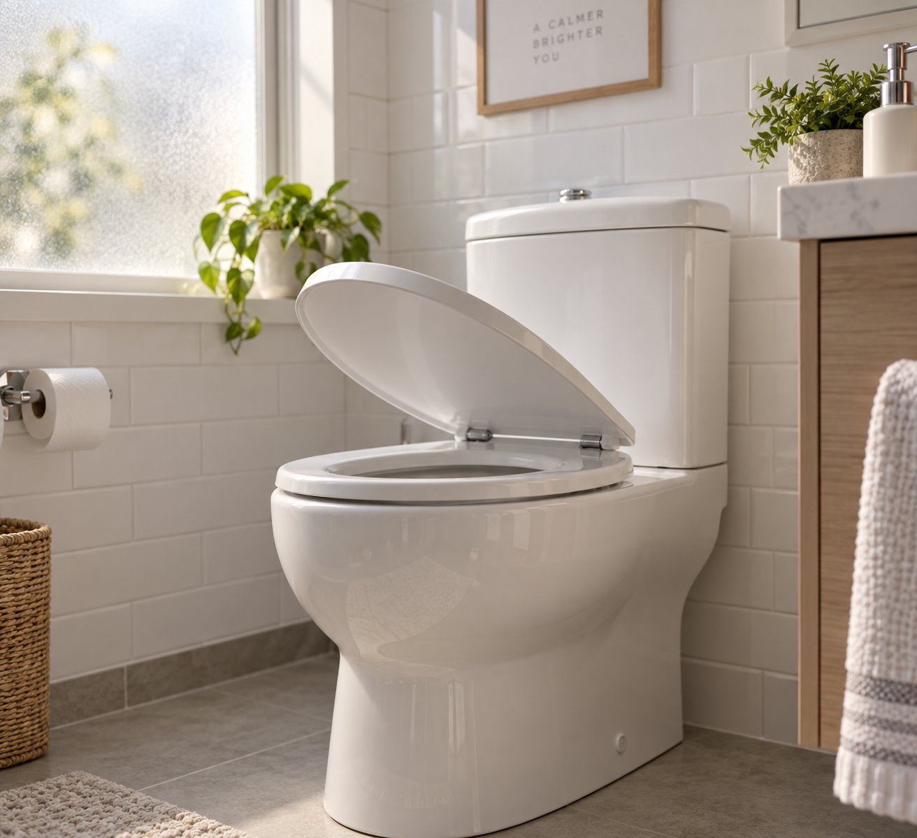 a self closing toilet seat lowering gently on a modern toilet in a bright clean bathroom