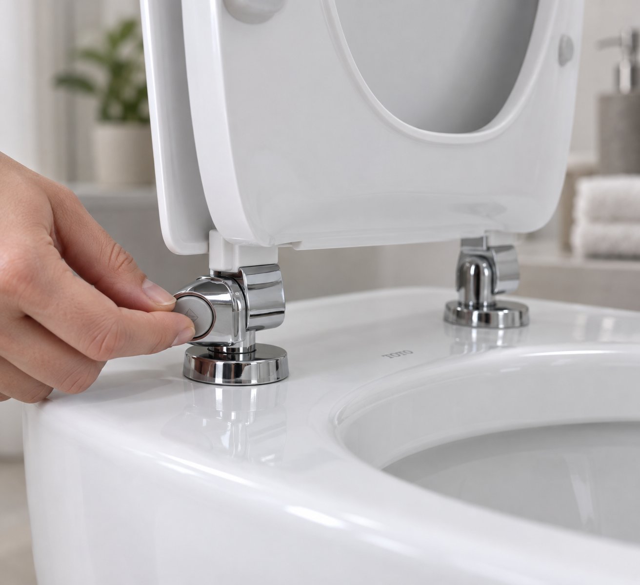 quick release hinge mechanism on a round toilet seat for easy removal and cleaning