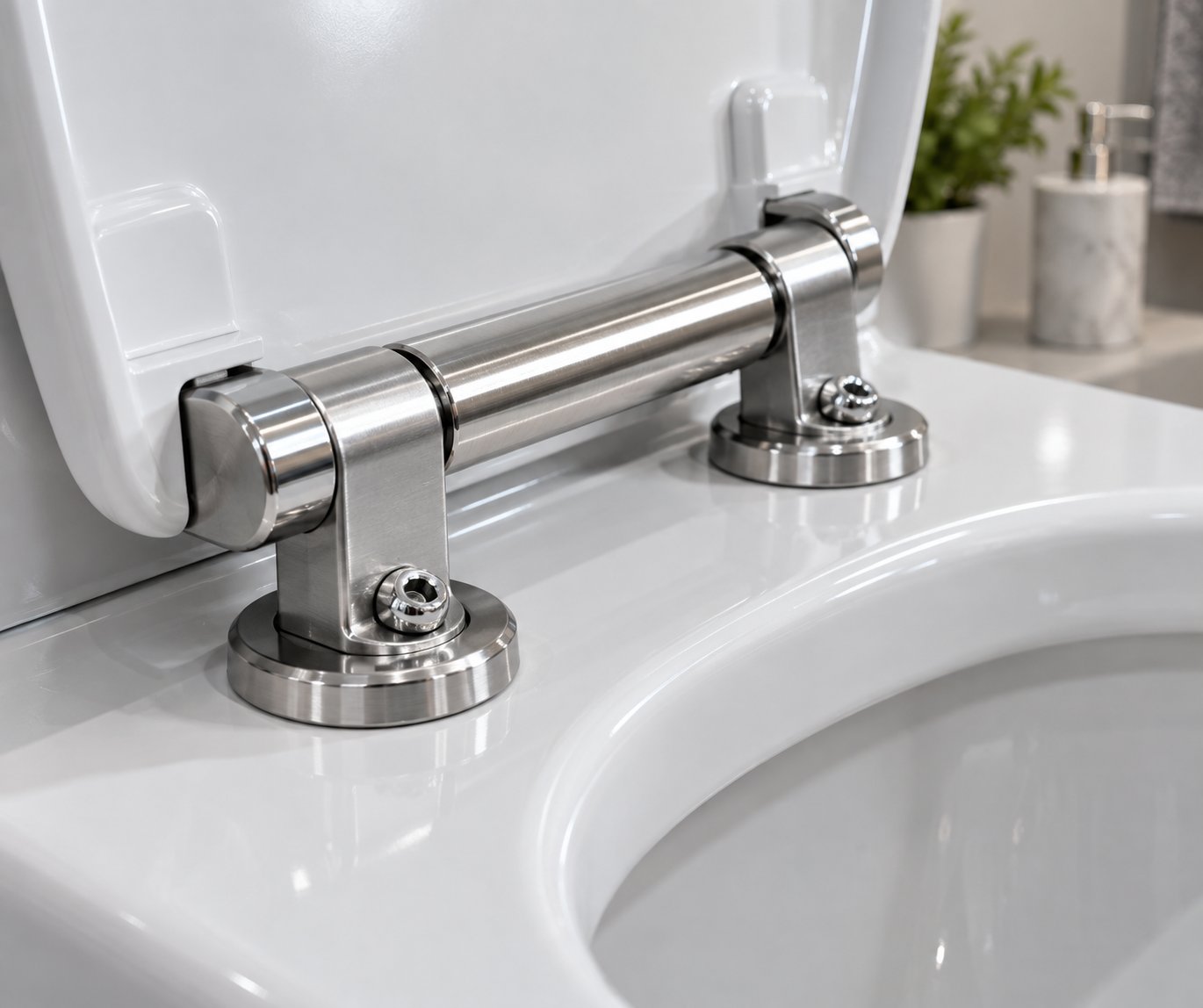 stainless steel toilet seat hinge mounted on a porcelain bowl showcasing durable metal construction