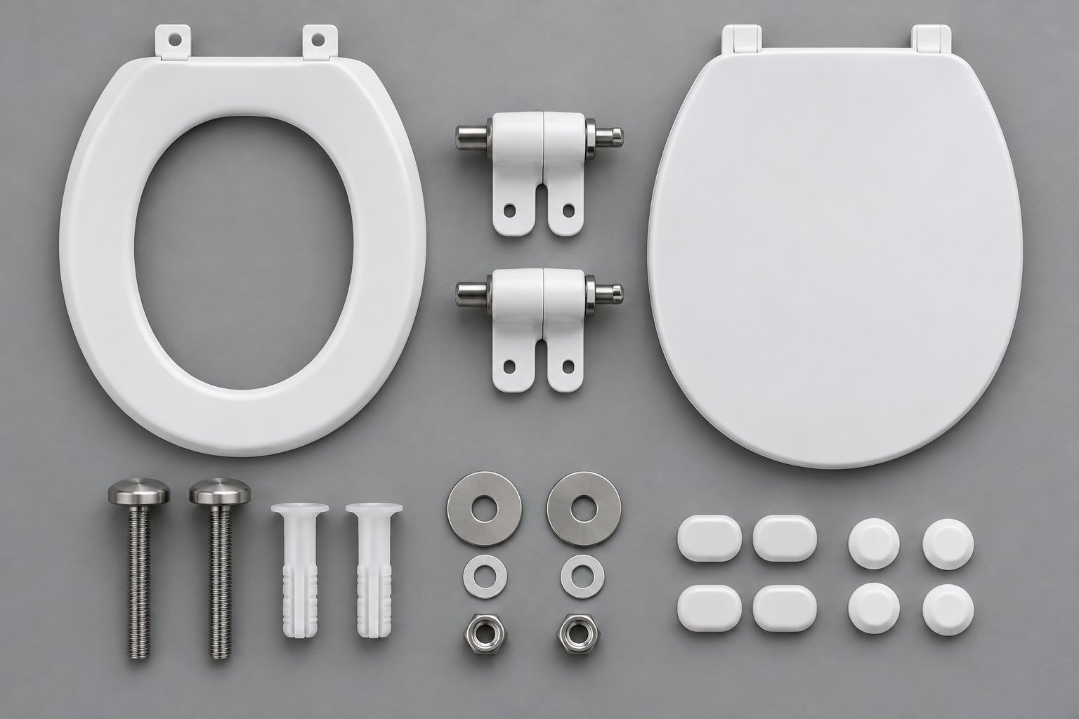 exploded view of slow close toilet seat components including damper hinges mounting hardware and bumpers