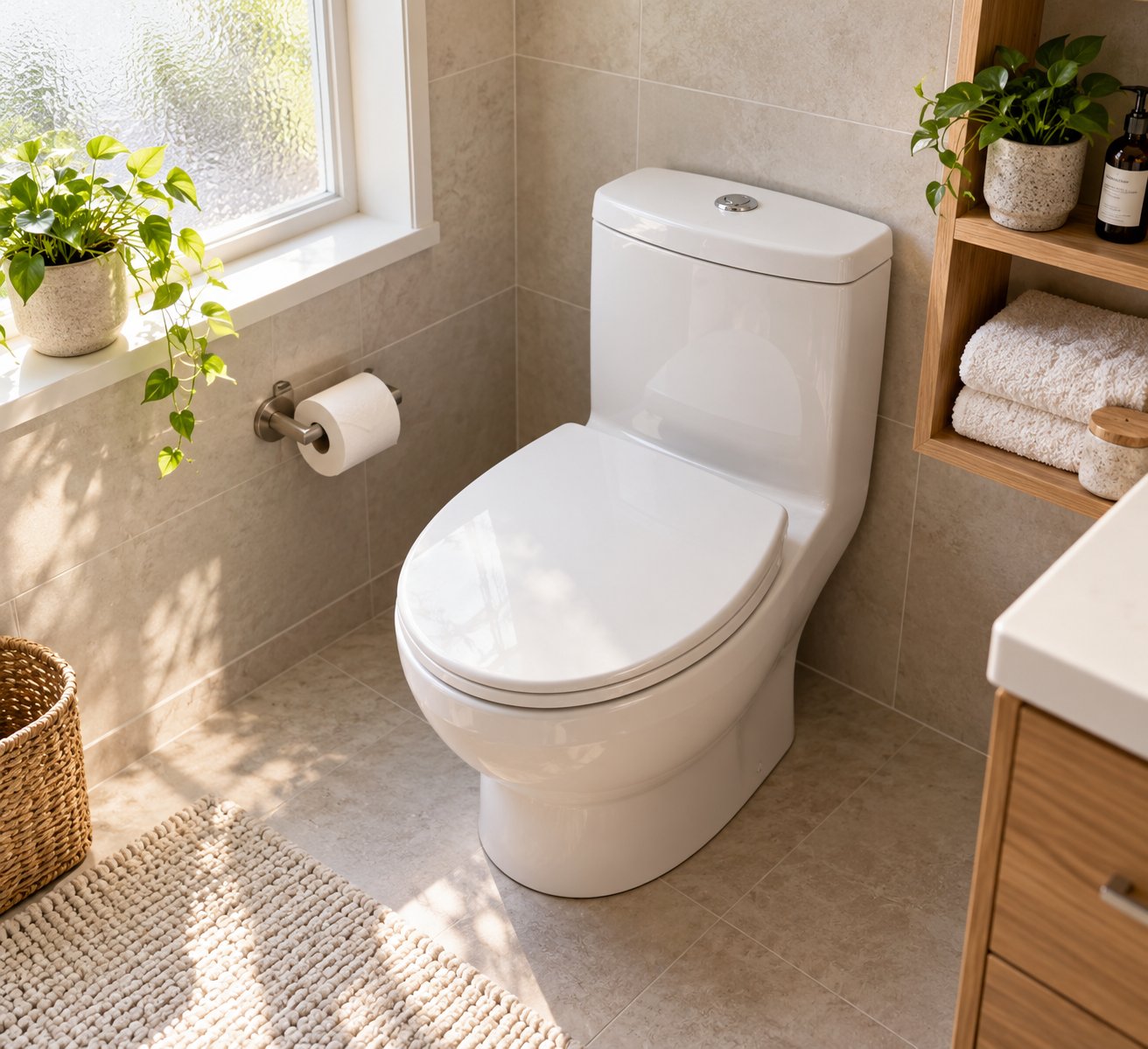a standard round toilet seat installed on a compact round front bowl in a modern bathroom setting