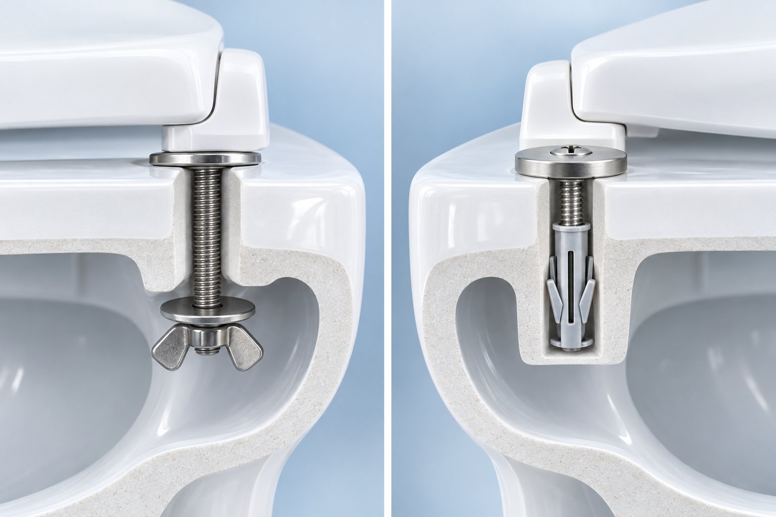 cross section comparison of bottom mount and top fix toilet seat mounting systems