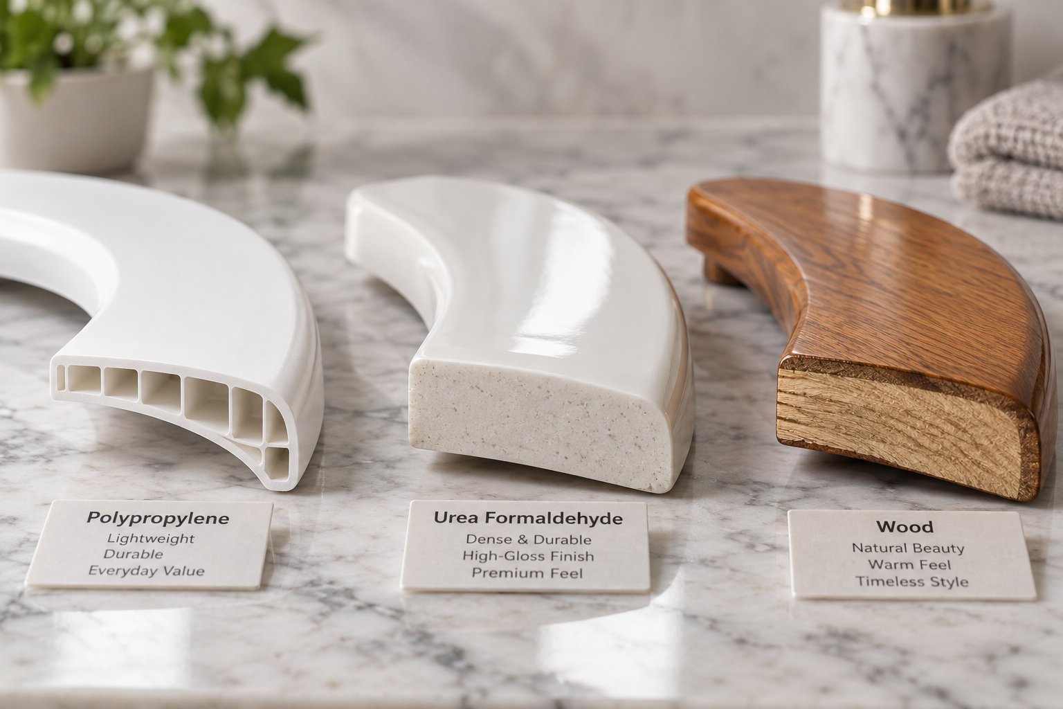 pp uf and wood toilet seat materials displayed together showing differences in finish density and texture