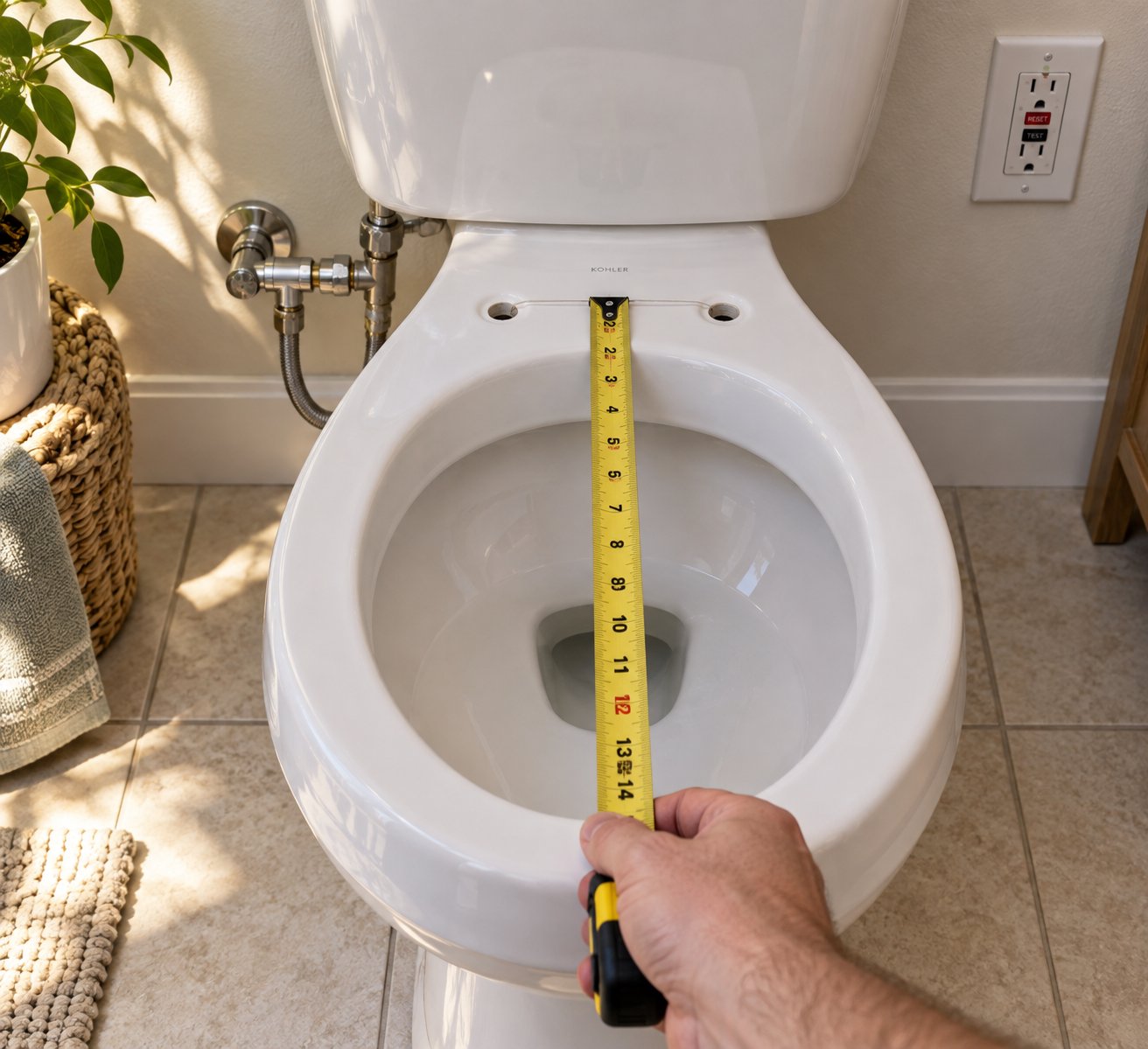 measuring a toilet bowl and checking gfci outlet availability before bidet seat installation