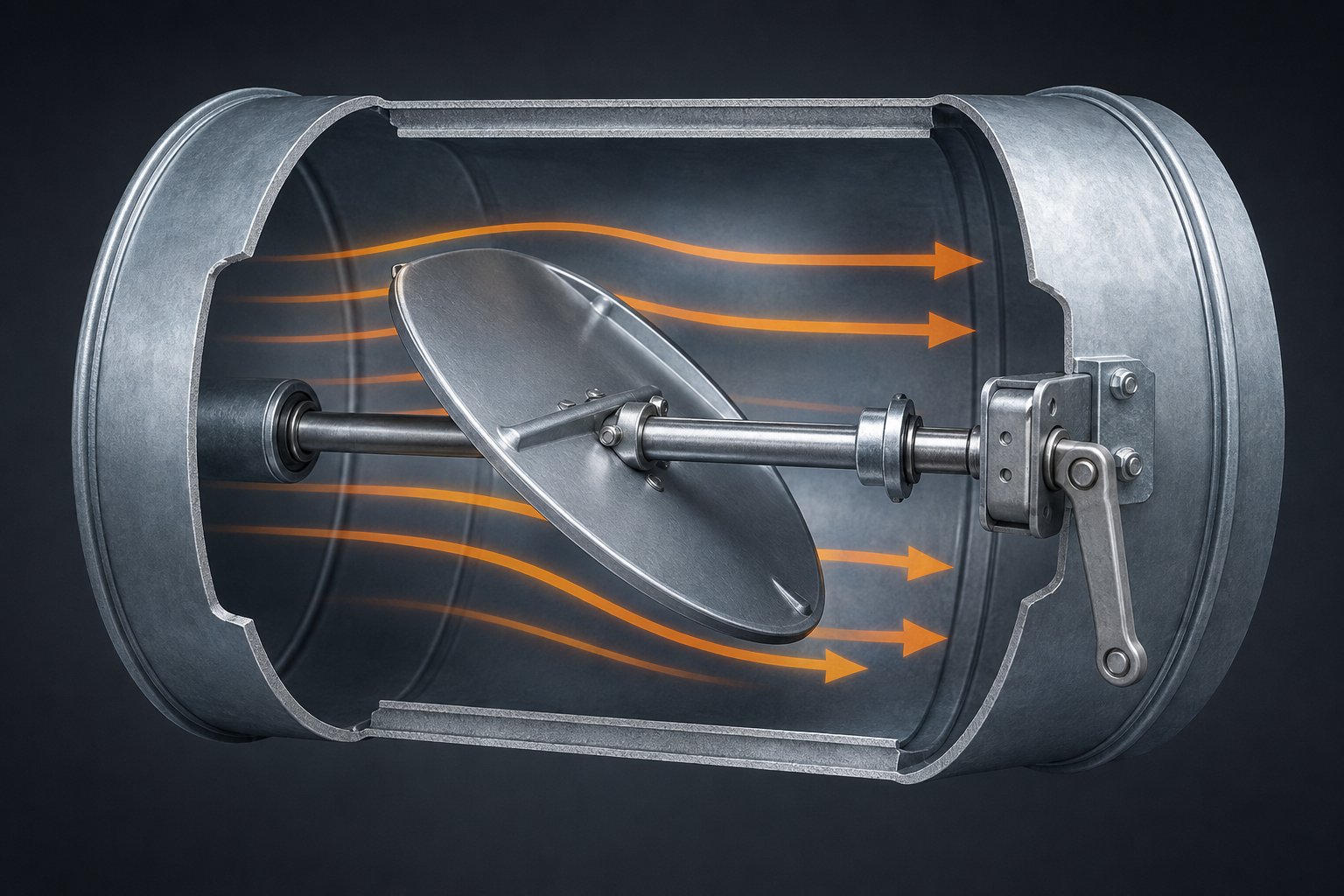cross section view of a damper blade rotating inside ductwork to regulate airflow direction and volume