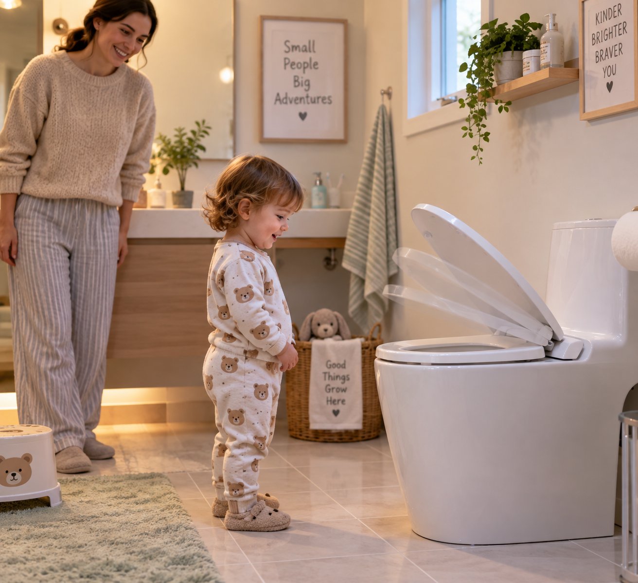 a child safe bathroom featuring a self closing toilet seat that prevents finger pinch injuries