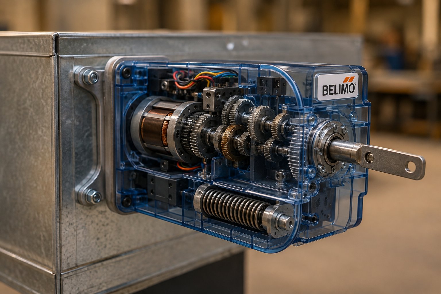 cutaway view of an electric damper actuator showing the internal gear train that converts motor rotation into blade movement