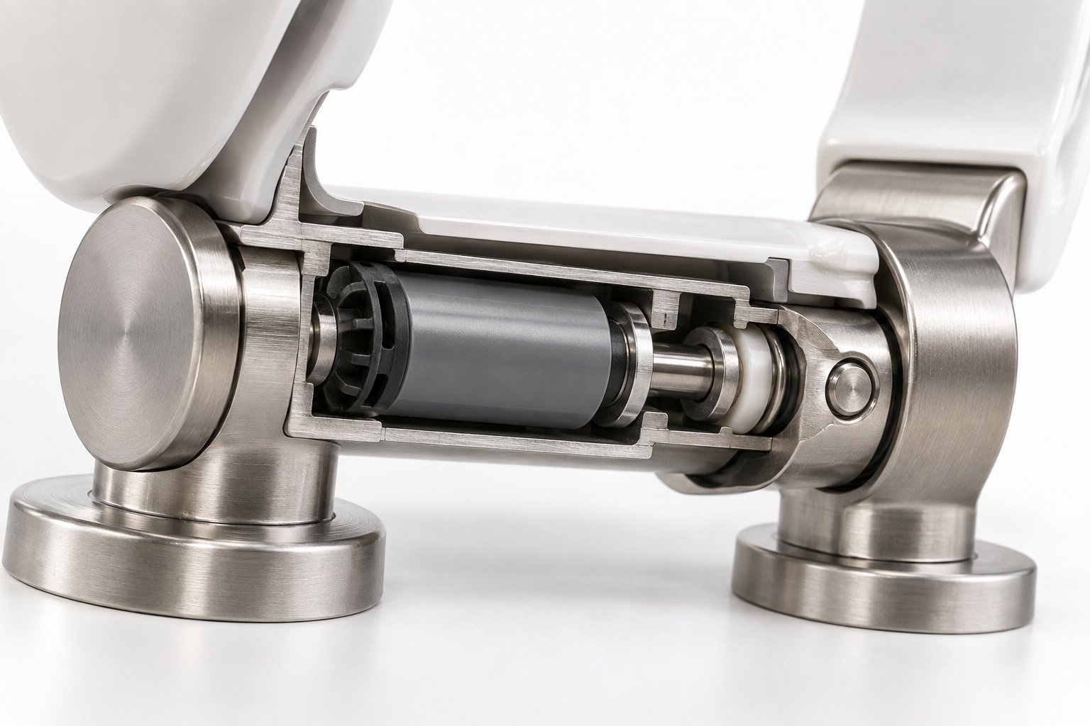 soft close metal hinge mechanism showing the internal rotary damper system that controls lid descent