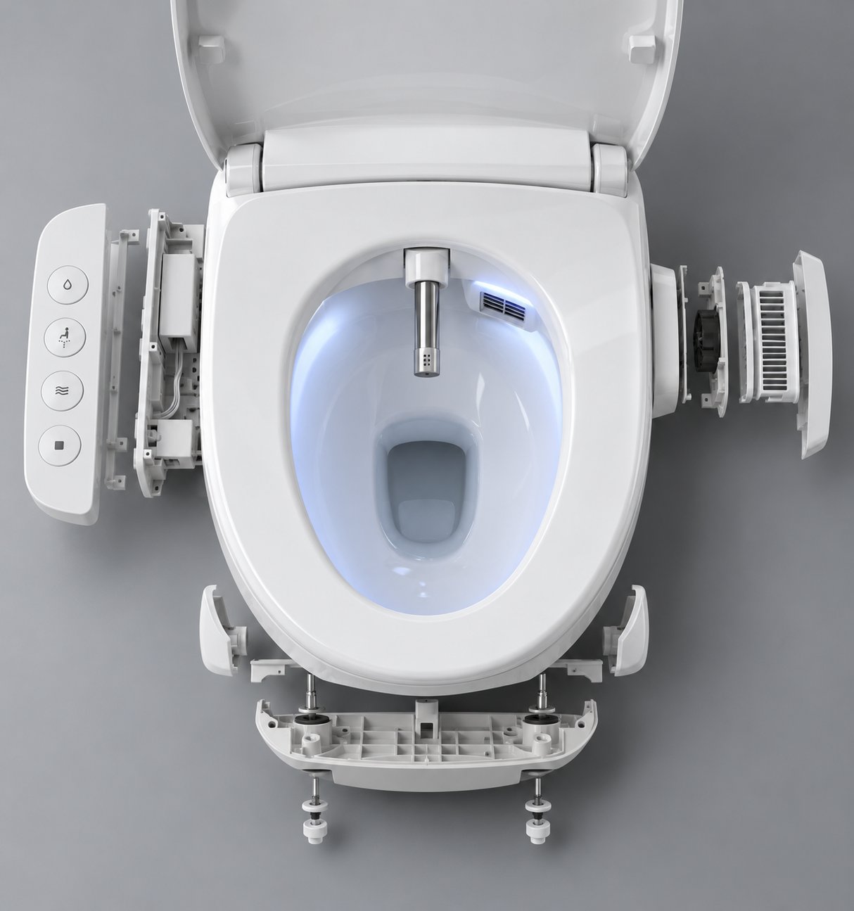 key features of an electric bidet seat including nozzle air dryer and control panel