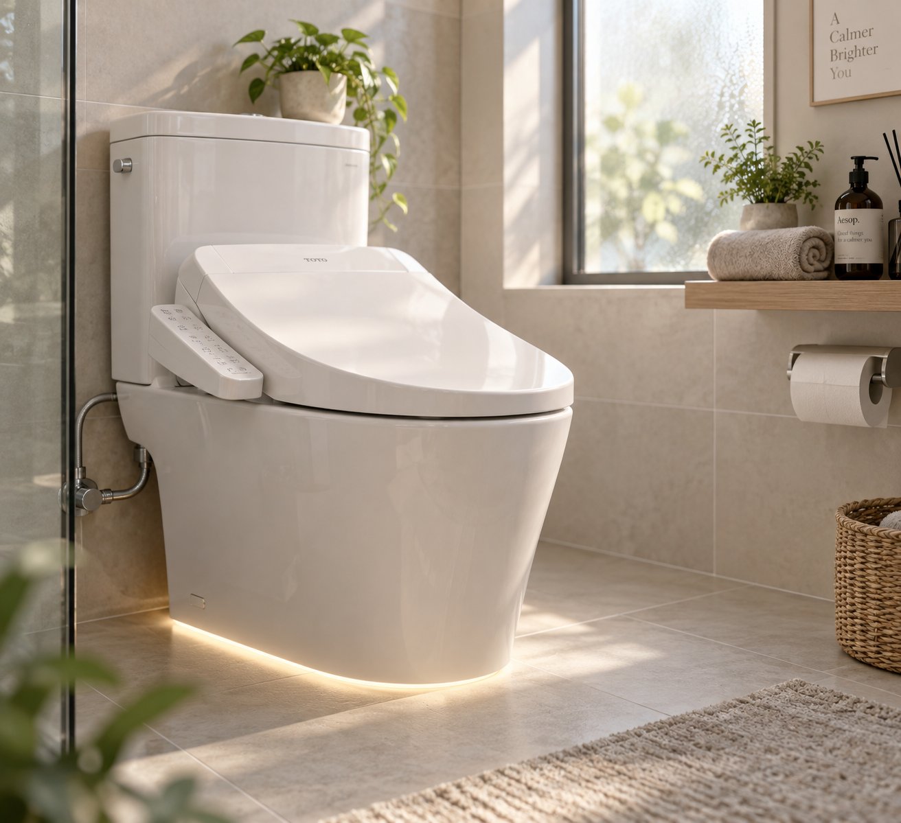 a modern bidet toilet seat with warm water installed in a clean well lit bathroom