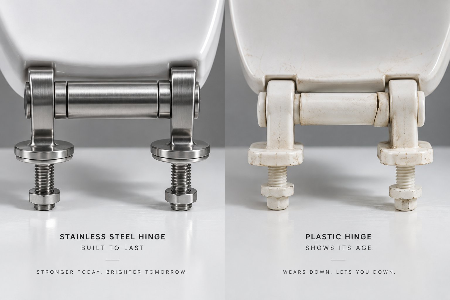 metal and plastic toilet seat hinges side by side highlighting structural differences in construction
