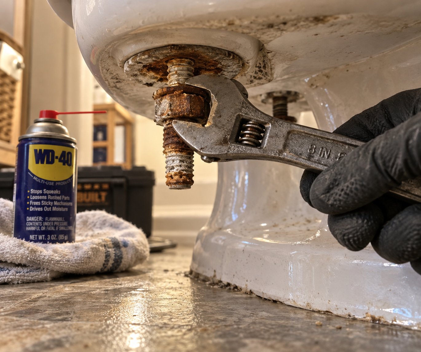 removing a corroded toilet seat bolt with penetrating oil and an adjustable wrench