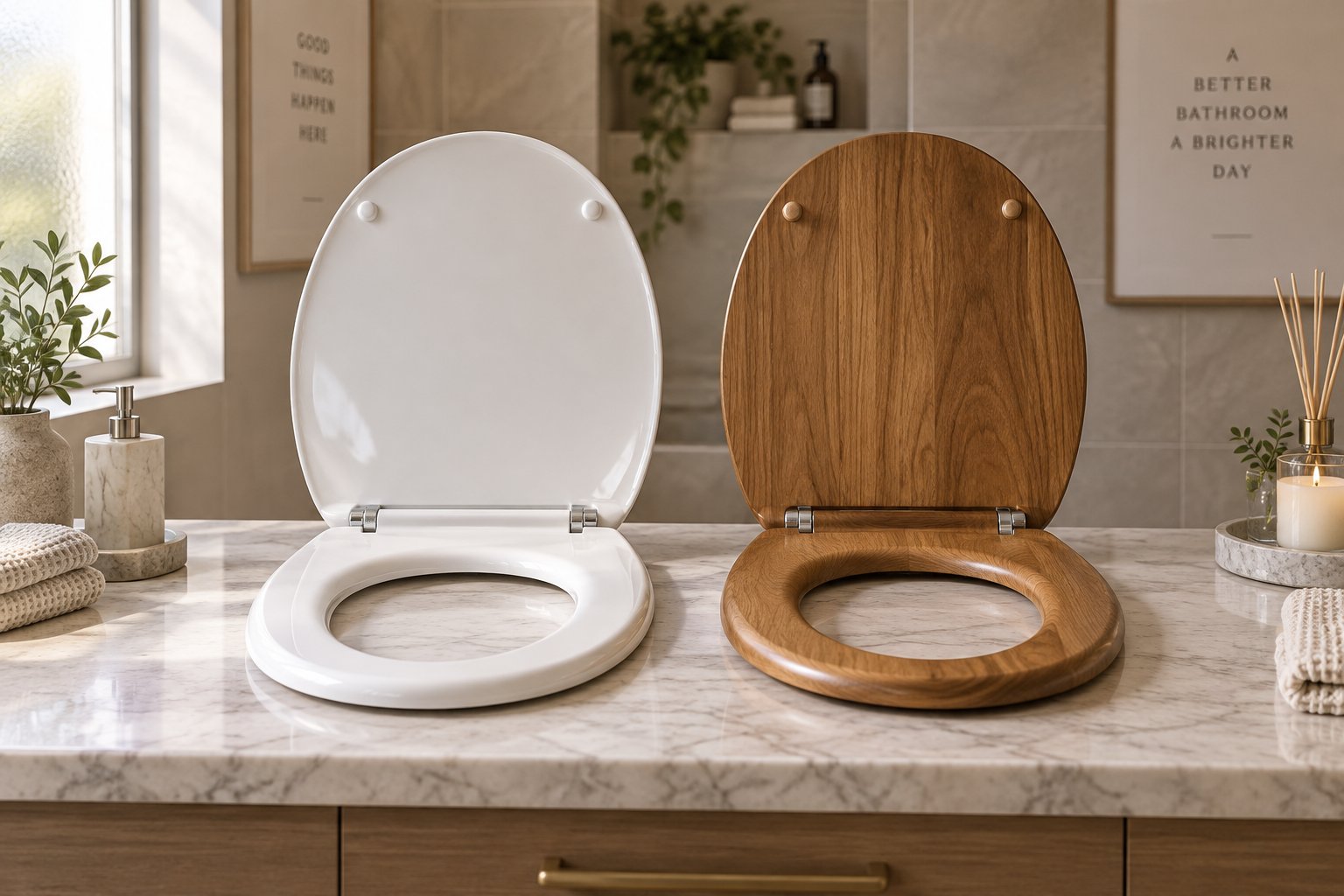a side by side look at plastic and wood toilet seats highlighting the material differences that affect comfort hygiene and durability