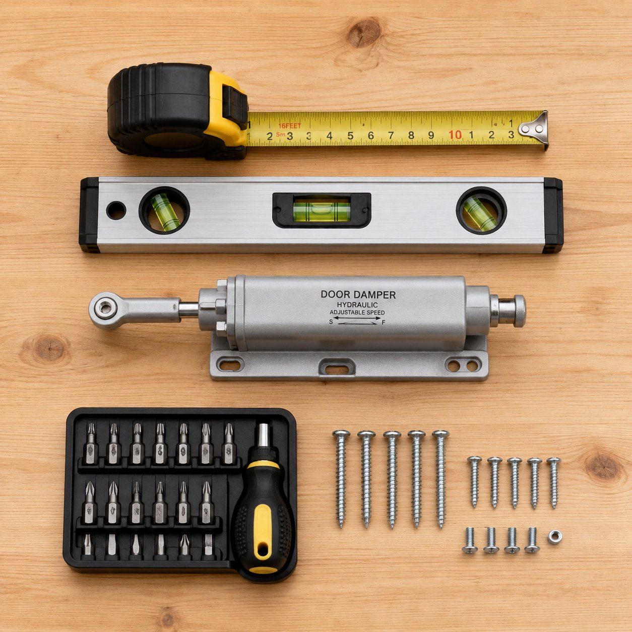 essential tools and a door damper unit laid out for specification measurement and installation