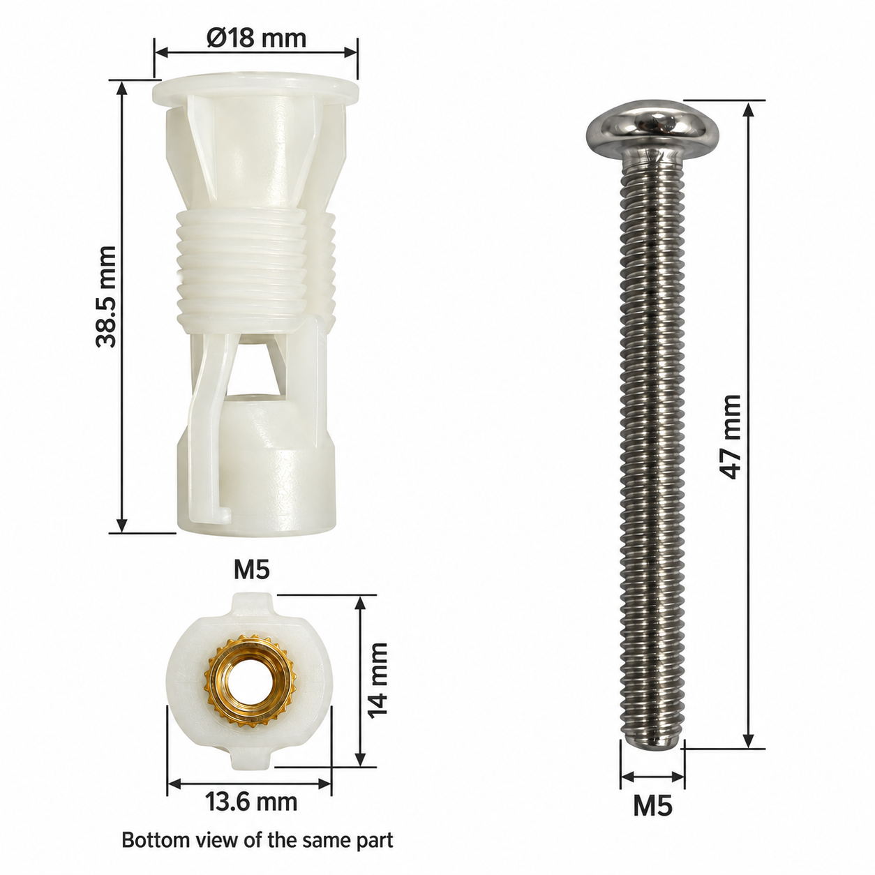M5 Nylon Expansion Top Fixing for Toilet Seats - Brass Nut Insert dimensions