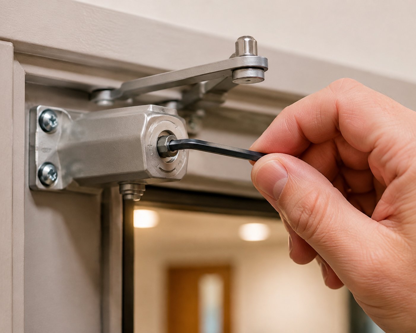 adjusting a door damper valve screw during routine maintenance to fine tune closing speed