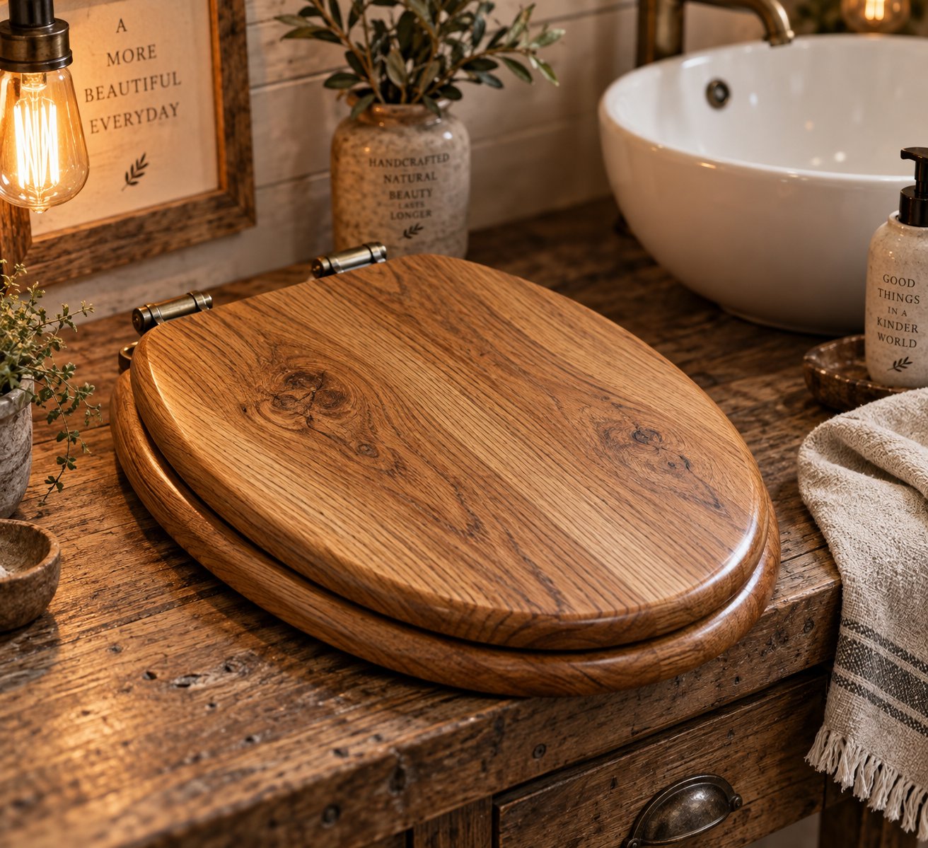 a solid oak toilet seat displaying rich natural wood grain %E2%80%94 a premium option that requires periodic maintenance to protect against moisture