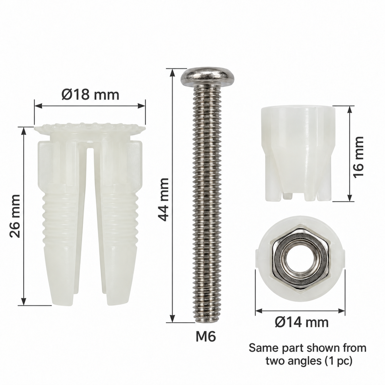 M6 Split Nylon Expansion Top Fixing Set for Toilet Seats- Stainless Steel Nut Insert dimensions