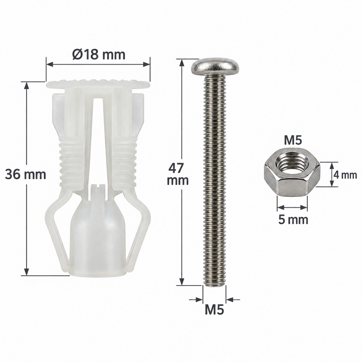 M5 Nylon Expansion Top Fixing for Toilet Seats - Stainless Steel Nut Insert dimensions