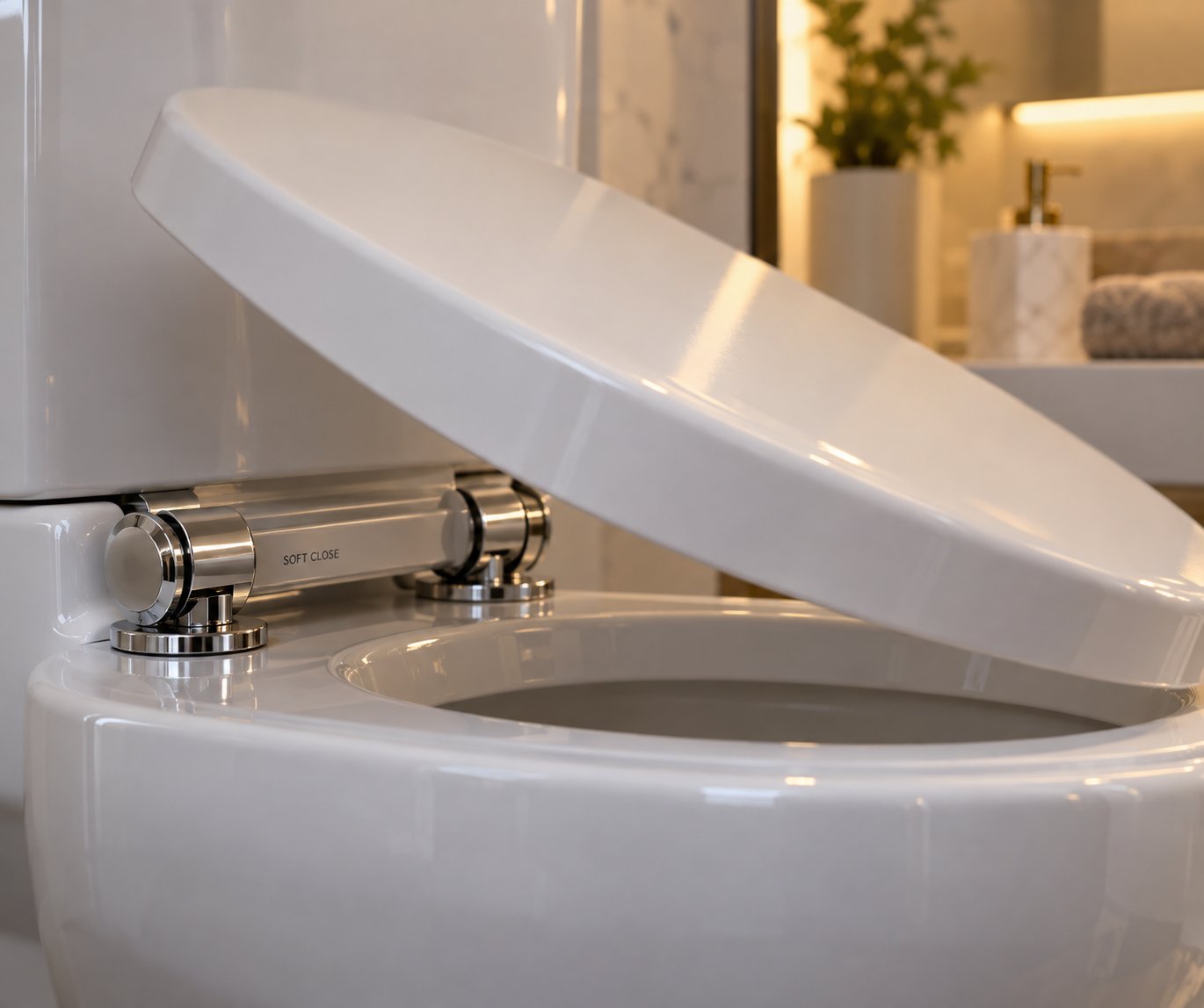 close up of a soft close hinge mechanism on a white toilet seat showing the controlled descent that prevents slamming
