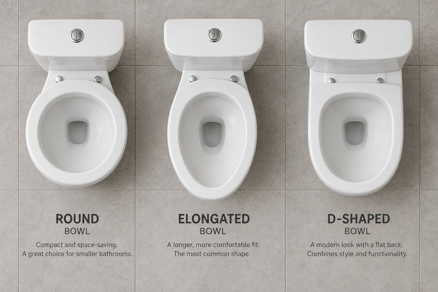 top down view of round elongated and d shape toilet bowls showing the distinct outline differences buyers should identify before purchasing