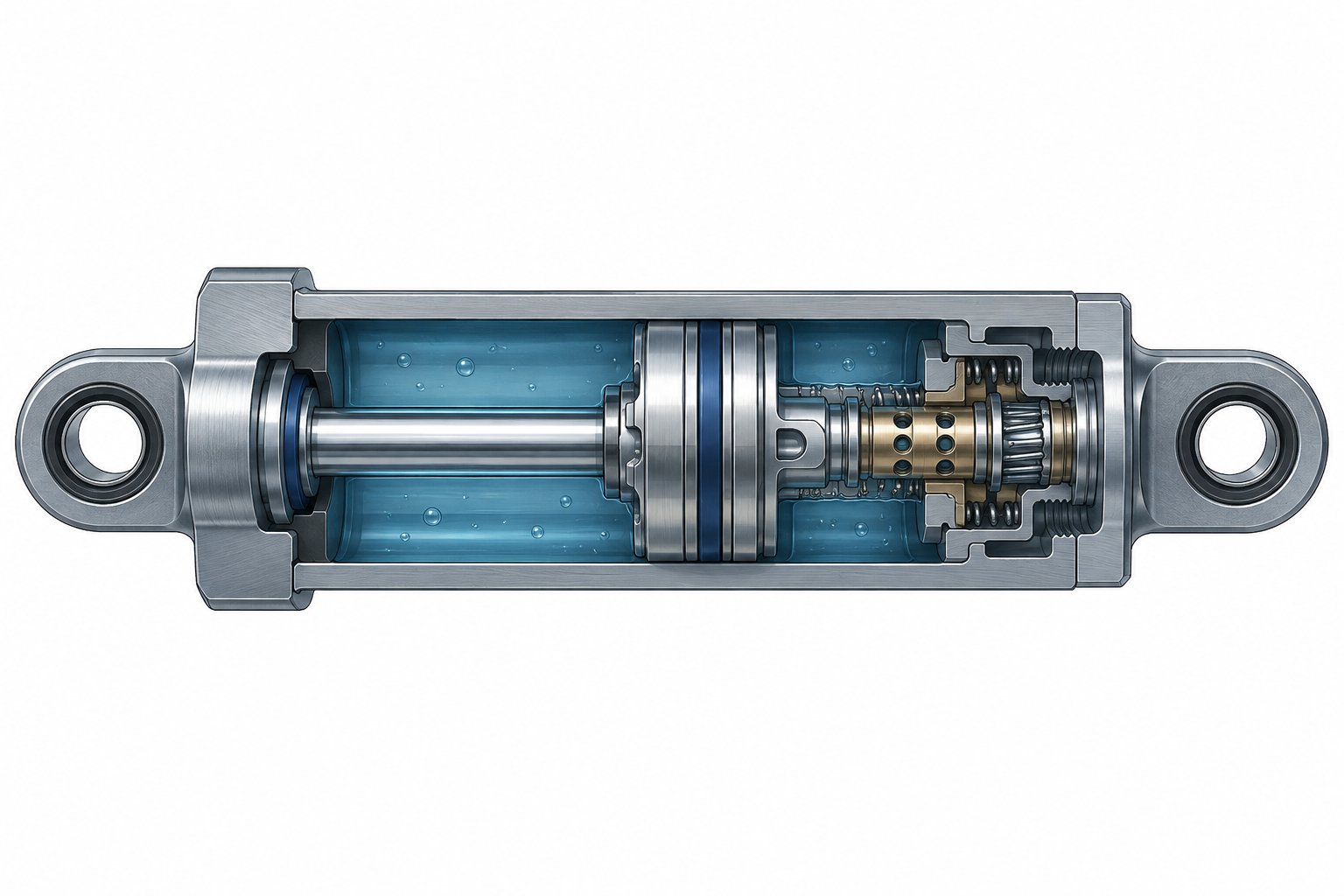 cutaway view of a hydraulic door damper showing the internal piston and fluid chamber