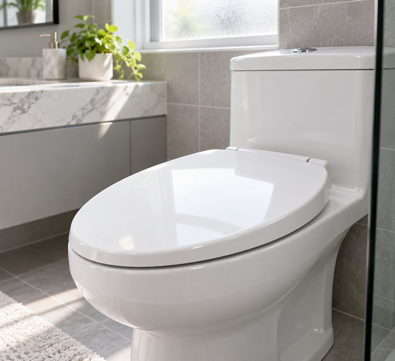 a bright white toilet seat cover installed on a modern bathroom toilet showcasing the clean glossy finish buyers look for