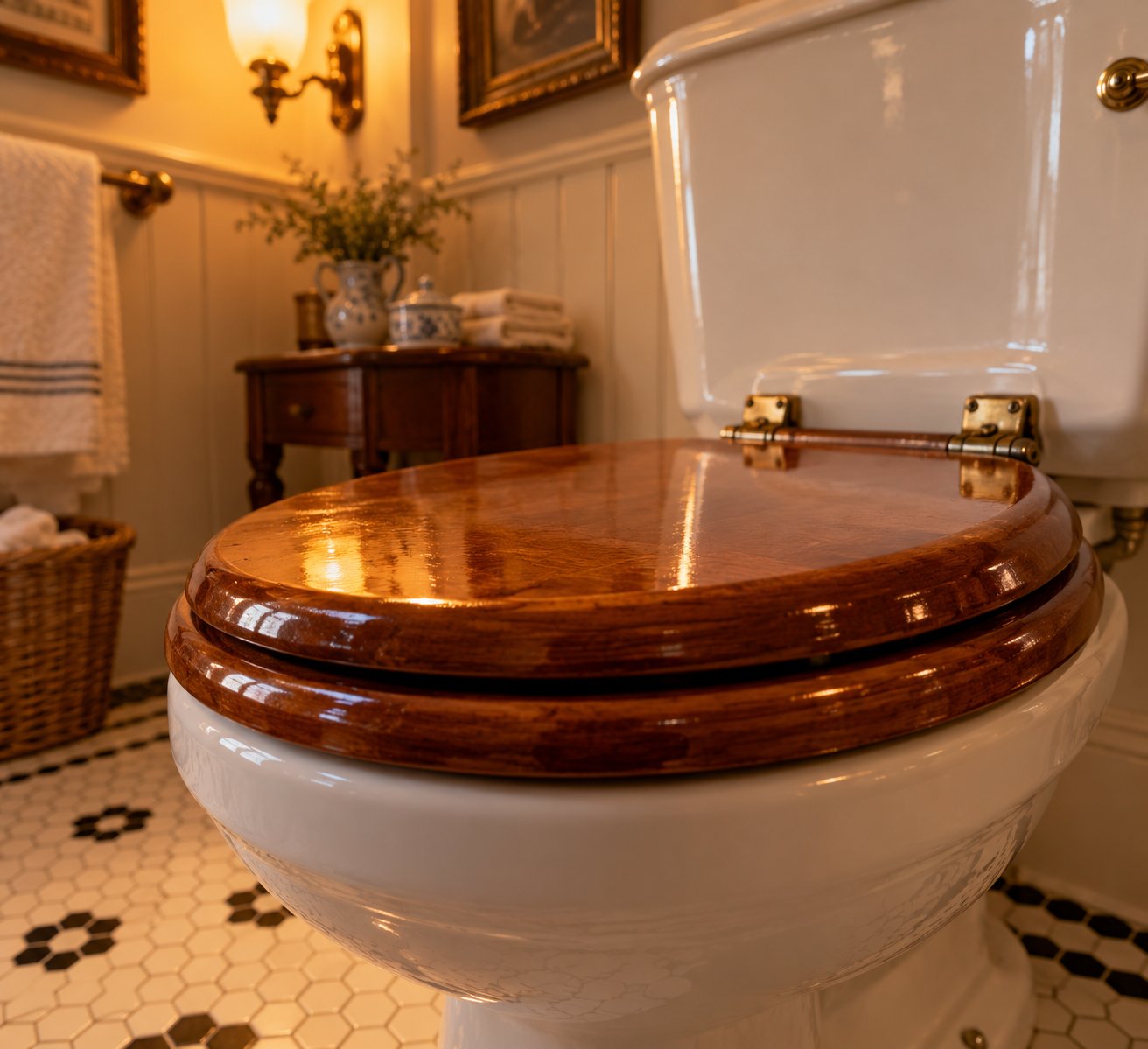 an enameled wood toilet seat with its characteristic glossy finish %E2%80%94 a classic look that conceals a composite wood core underneath