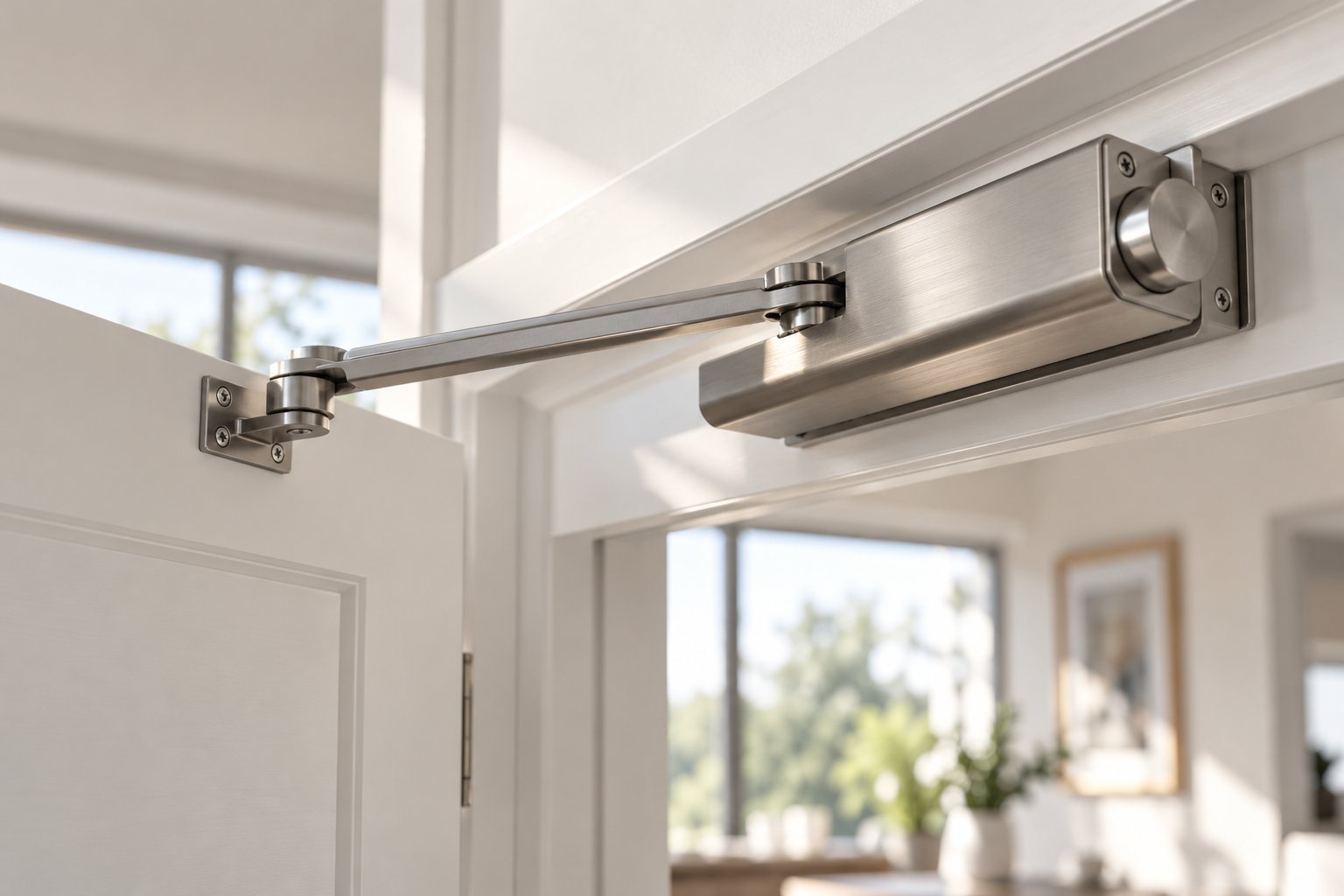 a hydraulic door damper mounted on an interior door frame for quiet controlled closing